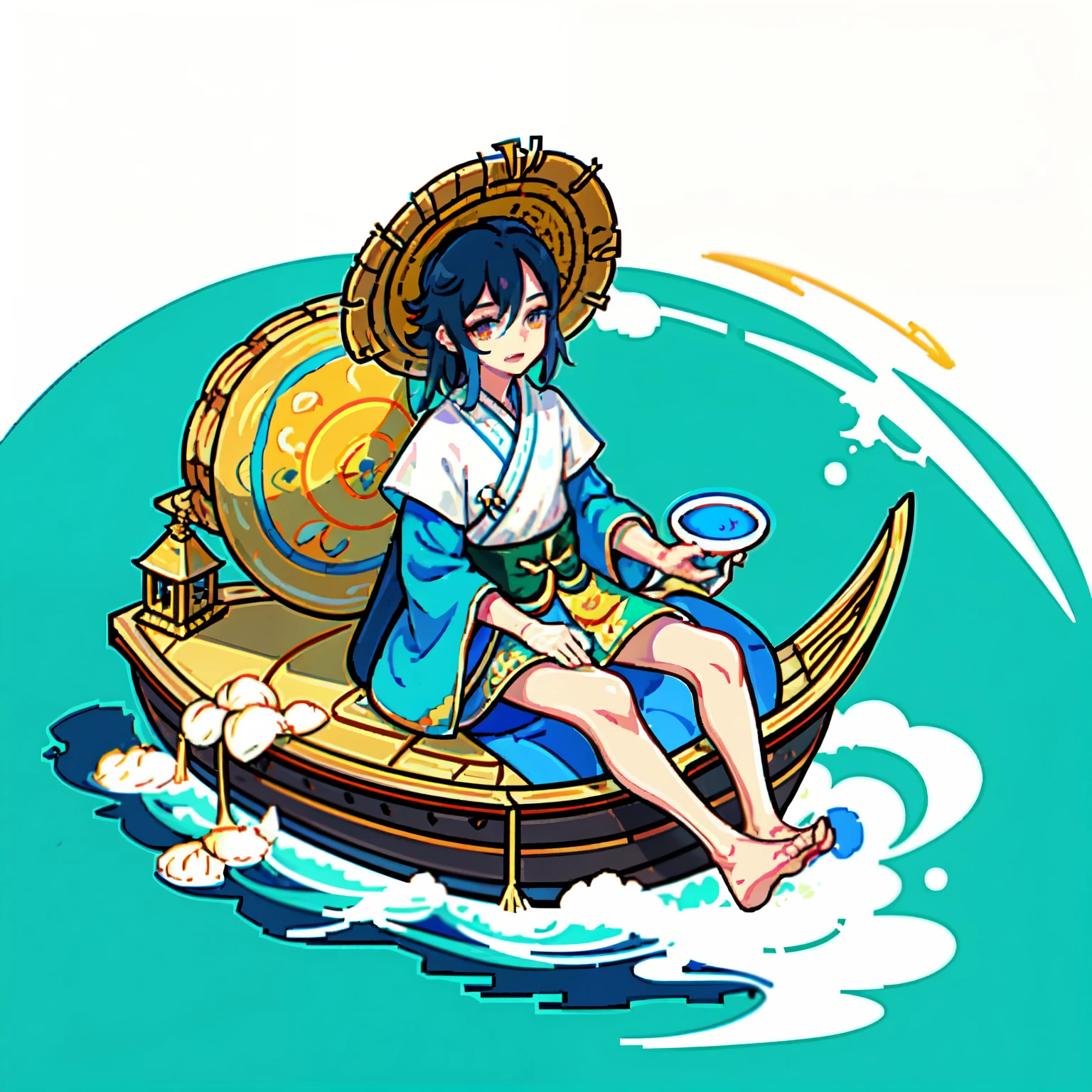 arafed man in a straw hat sitting on a boat, cai xukun, hanfu, chinese style, white hanfu, inspired by Bian Shoumin, inspired by Liu Jun, with acient chinese clothes, inspired by Huang Gongwang, inspired by Gu An, inspired by Chen Daofu, inspired by Xiao Yuncong, inspired by Wu Bin