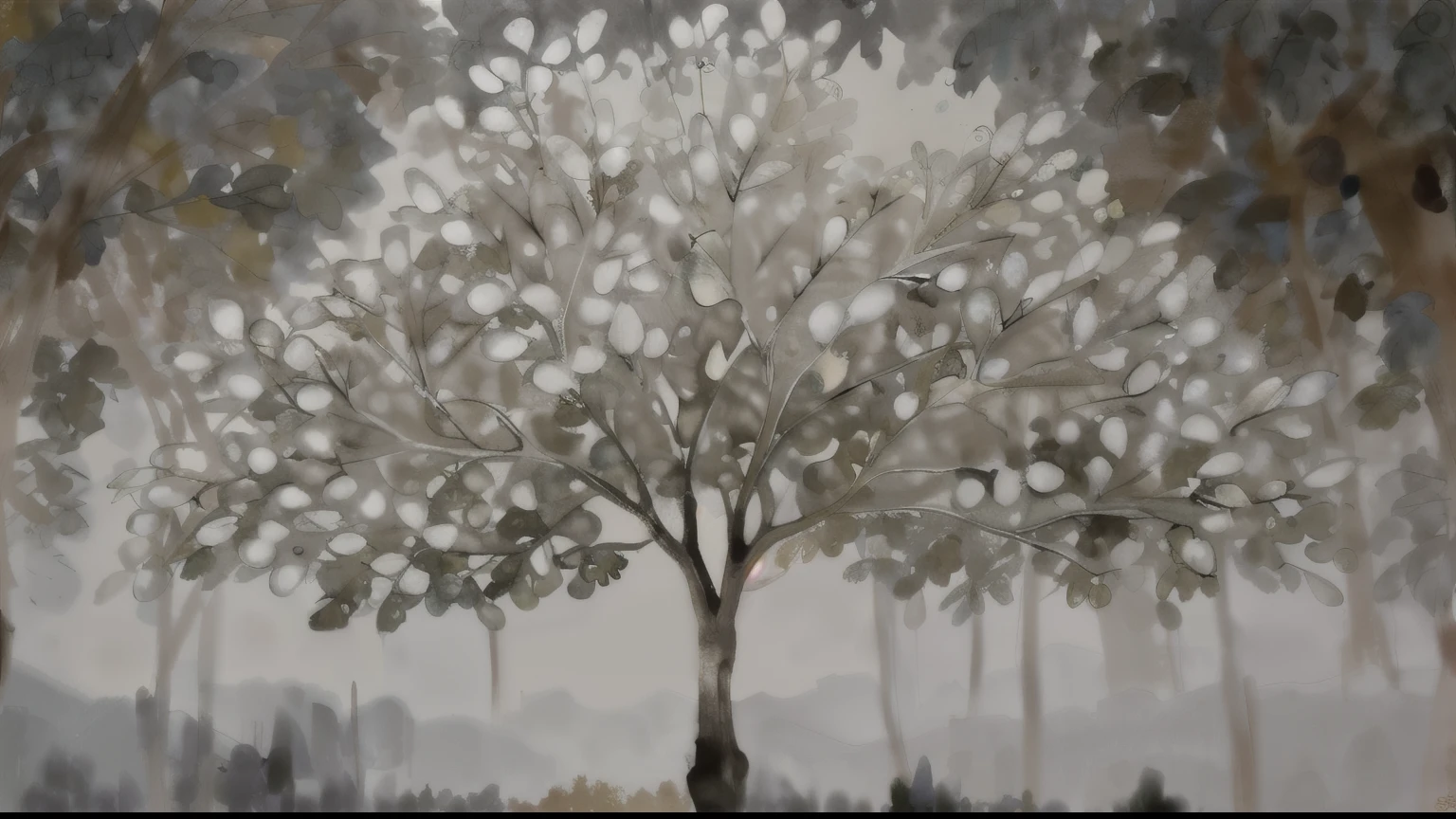 painting of a tree with white leaves on a brown background, The paintings are elegant and delicate, rich tree, cubism painting of a tree, intricate oil painting, a huge silver tree, tree, giant white tree, golden sacred tree, clean and elegant painting, tree of life, gold foil touch, elegant oil painting, a beautiful tree, Detailed dough,  Create multiple