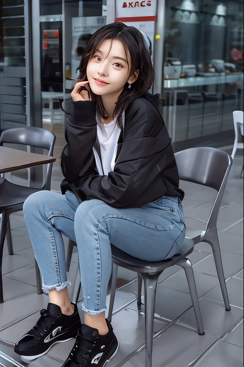 beautiful detailed eyes,delicate beautiful face,、black hair、hoodie、skinny denim、converse sneakers、Gray socks、refreshing smile、smile showing teeth、full body photo、hat