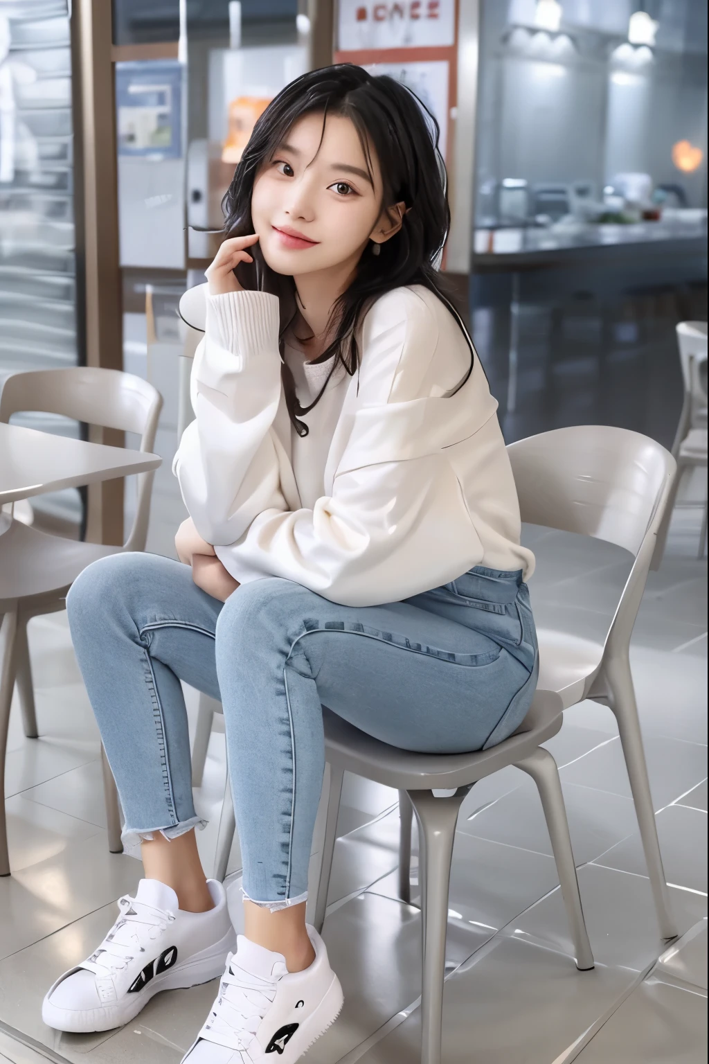 beautiful detailed eyes,delicate beautiful face,、black hair、blouse、skinny denim、converse sneakers、Gray socks、wearing socks、refreshing smile、smile showing teeth、full body photo、hat

