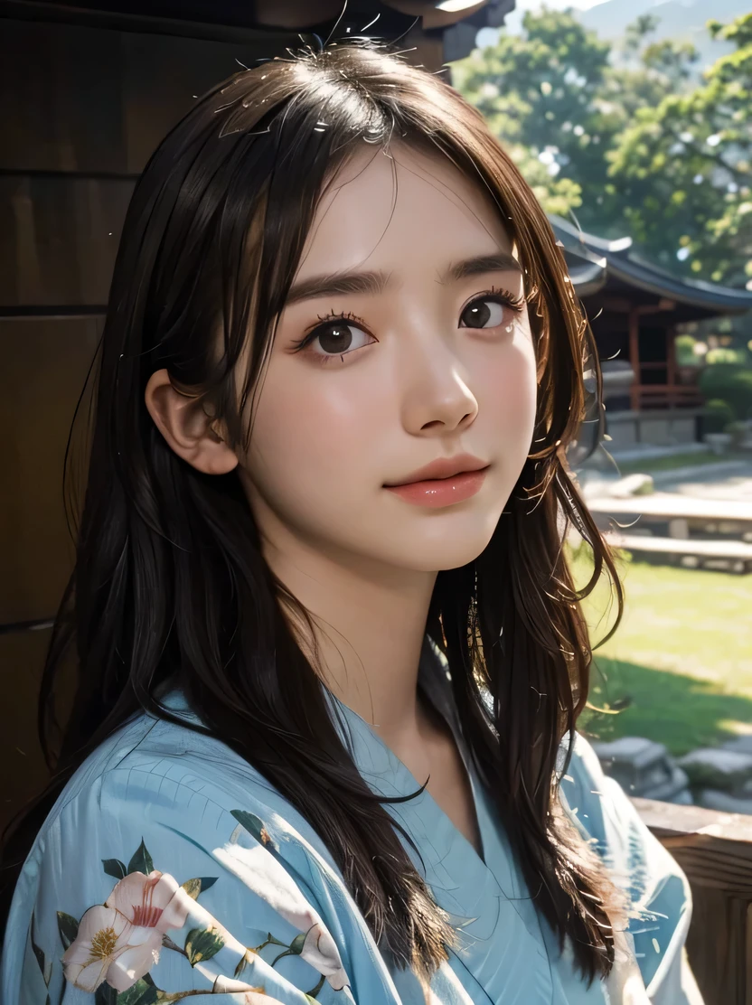 ((masterpiece、highest quality、Super detailed、High resolution、sharp focus、cinematic lighting))、((1 female、bust shot))、face light、Beautiful girl wearing a blue floral kimono、young、pretty girl、famous japanese idol、black hair、front、very delicate and beautiful、highly detailed skin、Fair skin、shiny skin、18-year-old、 smile、highly detailed nose、highly detailed mouth、cute face、beautiful scenery、view audience、Japanese village at midday、1 girl