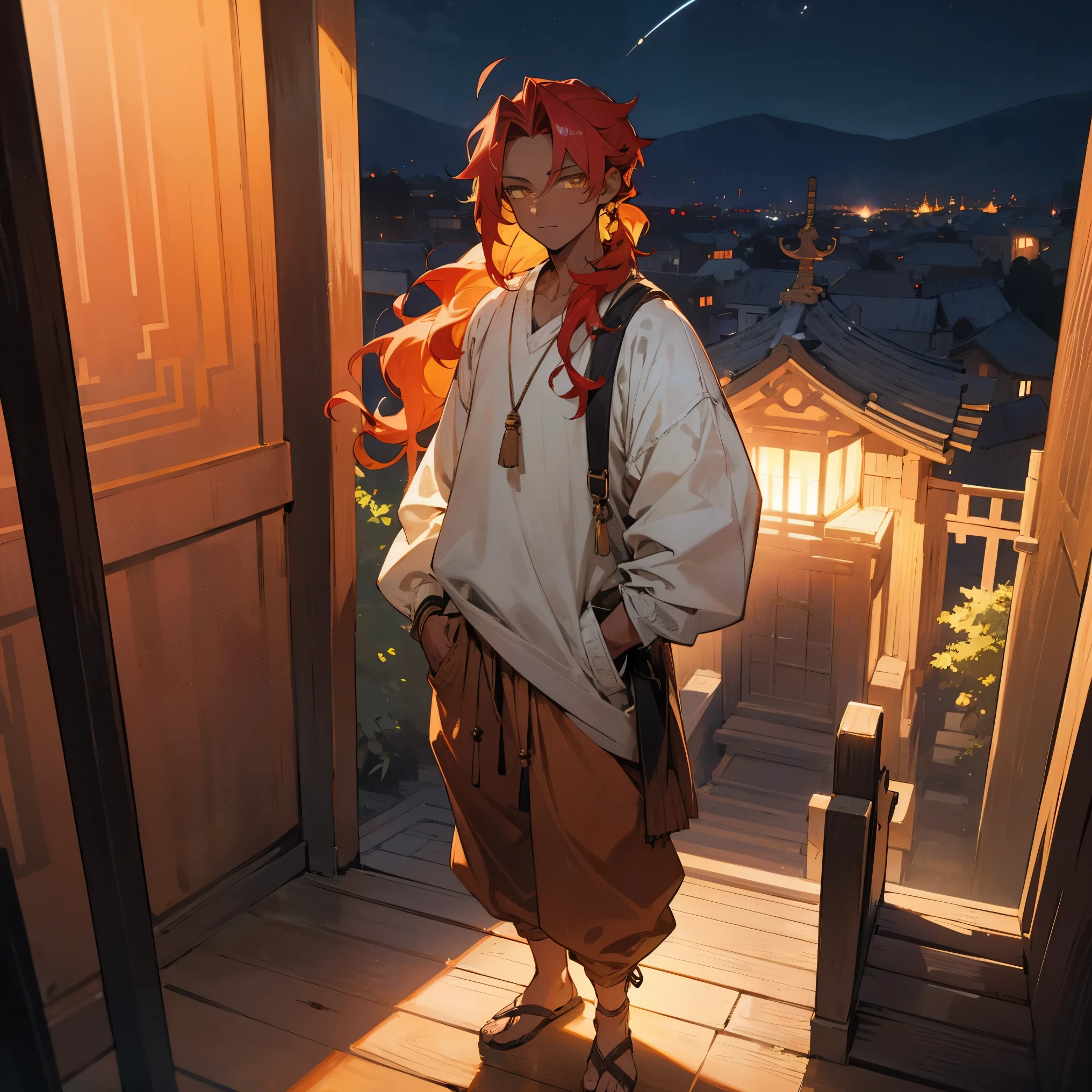 1male, adult, dark skin, finely detailed yellow eyes, wavy tied back hair, undercut, red ombré hair color, causal clothing, loose baggy pants, standing with hands in pockets, standing in shrine, night, village, serious, confident