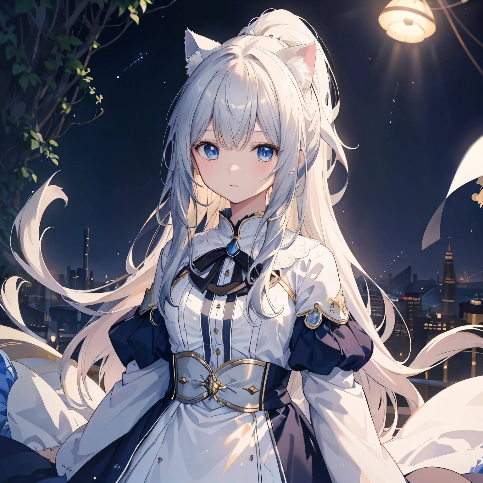 highest quality, masterpiece, An illustration, very delicate and beautiful, very detailed, CG , unity, 8K wallpaper, amazing, fine details, masterpiece, highest quality, official art, very detailedなCG Unity 8K wallpaper, disorganized, 信じられないほどdisorganized, Super detailed, High resolution, very detailed, detailed light, cinematic lighting, Lens flare, Light leakage, sunlight, shine, 美しい詳細なshine, beautiful detailed girl, very detailedな目と顔, beautiful detail eye, An illustration, (very delicate and beautiful:1.2), cinematic angle,(beautiful detail eyes:1.1), (detail light:1.1),movie lighting, beautiful and detailed sky, white long hair, (blue eyes), (high ponytail:1.1), shining eyeoon:1.2), (moon明かり:1.1), starry sky, (lighting particles:1.1), (cat ears), adult woman, 1 girl