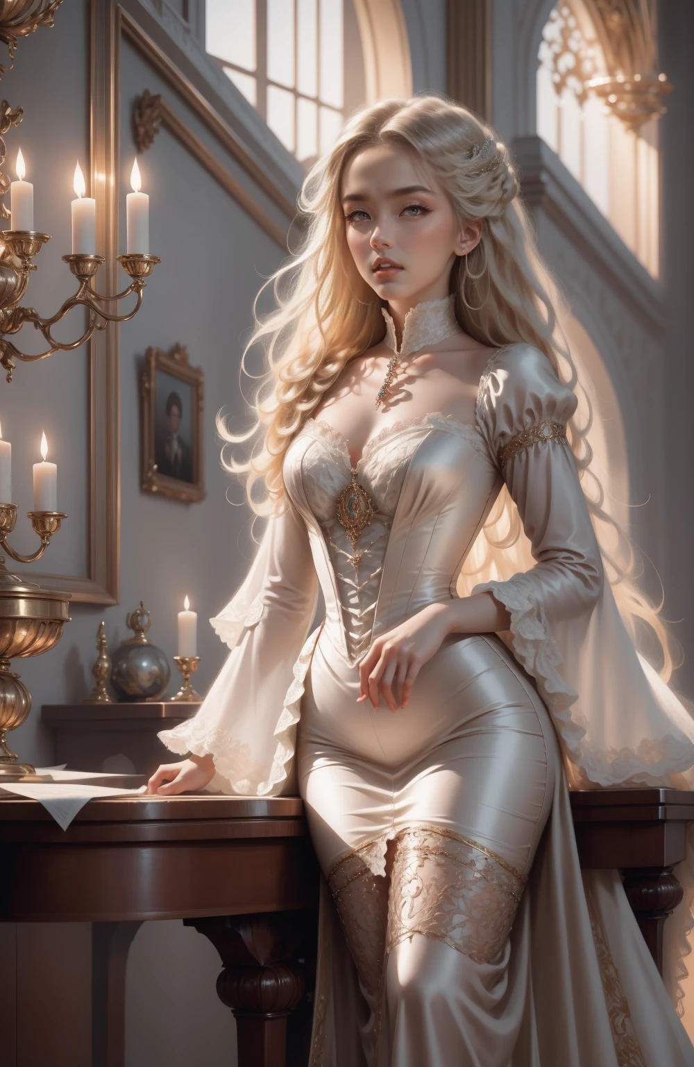 { - anatomy error}(Masterpiece - Ultra-detailed, very high resolution) Prepare to be enchanted by a true masterpiece that combines ultra-detailed art with high-resolution rendering. This work depicts a mesmerizing woman with very long blond hair (1.3) and captivating gray eyes (1.2), emanating an aura of elegance and mystery in Victorian settings. The intricate details and realistic textures invite you to explore every aspect of this enchanting composition. Woman wearing beautiful classic Victorian costume from the year 1878. Red lips. Happy face. Smiling. white (white) dress. dancing lightly, dynamic poses. Get ready to dive into a world where beauty and craftsmanship merge perfectly.

