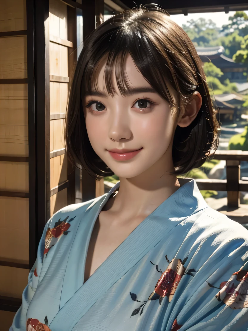 ((masterpiece、highest quality、Super detailed、High resolution、sharp focus、cinematic lighting))、((1 female、bust shot))、face light、Beautiful girl wearing a blue floral kimono、young、pretty girl、famous japanese idol、black hair、short hair、front、very delicate and beautiful、highly detailed skin、Fair skin、shiny skin、18-year-old、 smile、highly detailed nose、highly detailed mouth、cute face、beautiful scenery、view audience、Japanese village at midday、1 girl