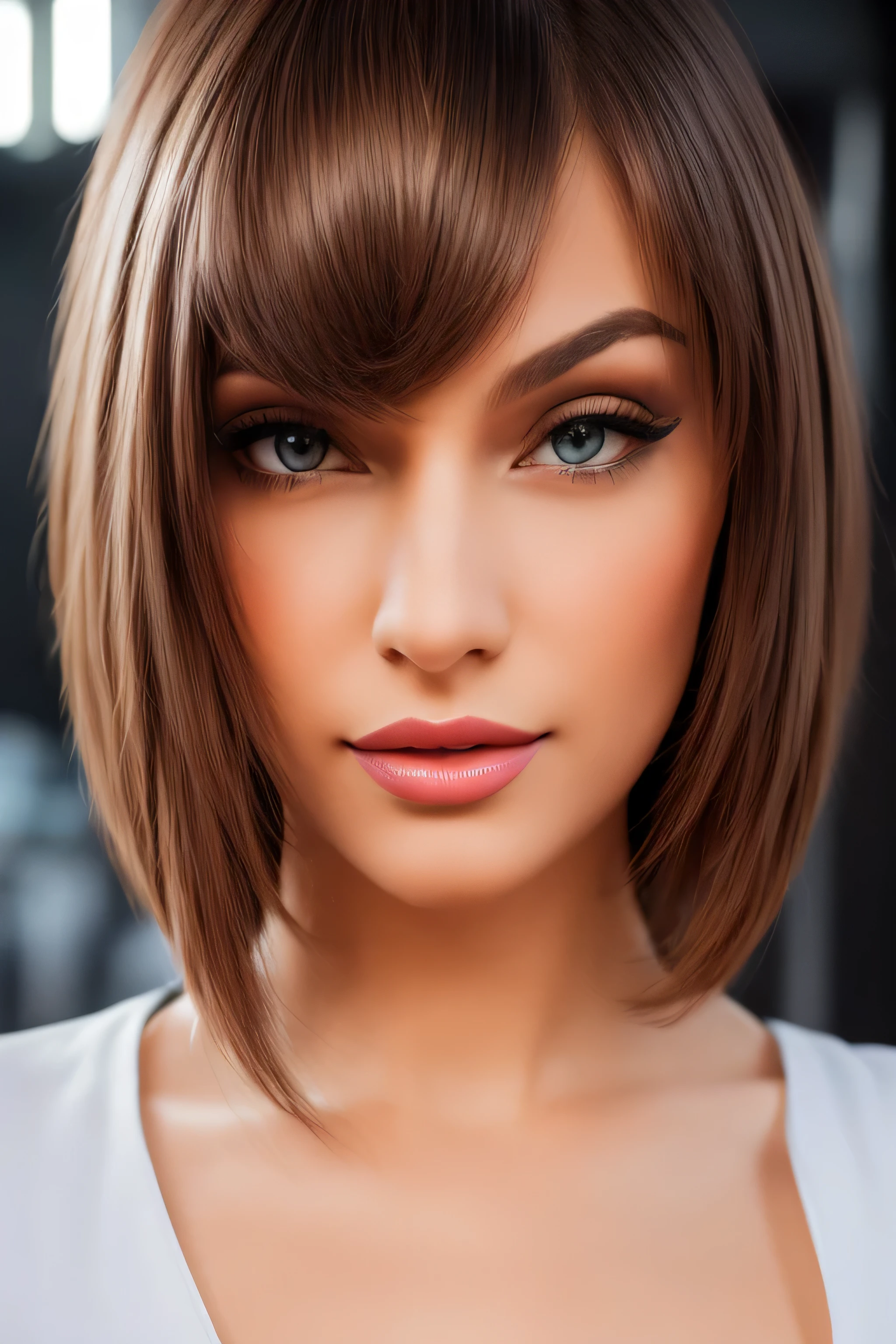 Best quality, PhotoRealistic, ultra detailed, finely detailed, high resolution, 8K wallpaper, Raw color photo, professional, High level of detail, (Model advertising a computer..). Beautiful 35 year old woman, (pale skin), (Masterpiece), (full body), (blue eyes), Realistic, happy face, (red lipstick), expressive smile, ((short shoulder length hair), (pink hair)), ((small breast, no cleavage)). white dress for woman, (Best quality,4k,8K,high resolution,Masterpiece:1.2),ultra detailed,(Realistic,photoRealistic,photoRealistic:1. 37),portrait, Tailored suit for ladies,professional setting,confident expression,stylish haircut,Office environment,modern office building,stunning architecture,elegant pose,executive woman,high heels,spacious and bright office,sharp focus,women working together,polished look,neutral color palette,soft natural lighting,clean and minimalist design,important business meeting, Intricate patterns on suit, well groomed hairstyle,Desk with computer and paperwork,air of authority,successful and accomplished women,award winning photo, (Face to face), (Look at viewers), small light, low contrast, facial symmetry, depth of fields, cinematic background, central image, softly lit, (finely detailed skin), Realistic skin texture, extreme skin details, (pores: 0. 1), small bust with good shape