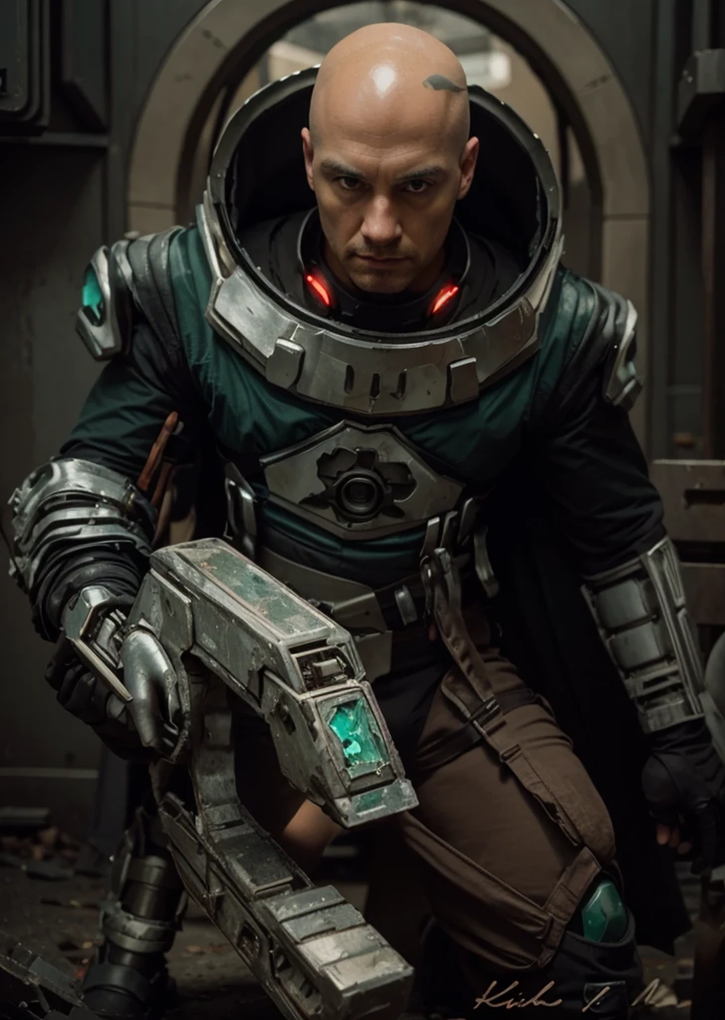 male soldier, ultra modern cybernetic full body heavy the suit has small red lights, black with red details, helmet in the shape of a green glass dome, inside the dome you can see a bald man, metal shoulder pads, metal wrist guards, fully cape broken, one of his hands is a mechanical claw, he is in a totally post-apocalyptic city destroyed, a lot of fire, large green mineral crystals on the ground, sunny day, top view, 4k, ultra detailed image, realistic, very detailed, perfect composition, splendid, intricately detailed, incredibly detailed, art photography 8k, hyper detailed, Masterpiece, ultra detailed, hyper realistic, 4k, ultra detailed image, realistic, highly detailed, perfect composition, splendid, intricately detailed, incredibly detailed, Artistic photography in 8k, hyper detailed