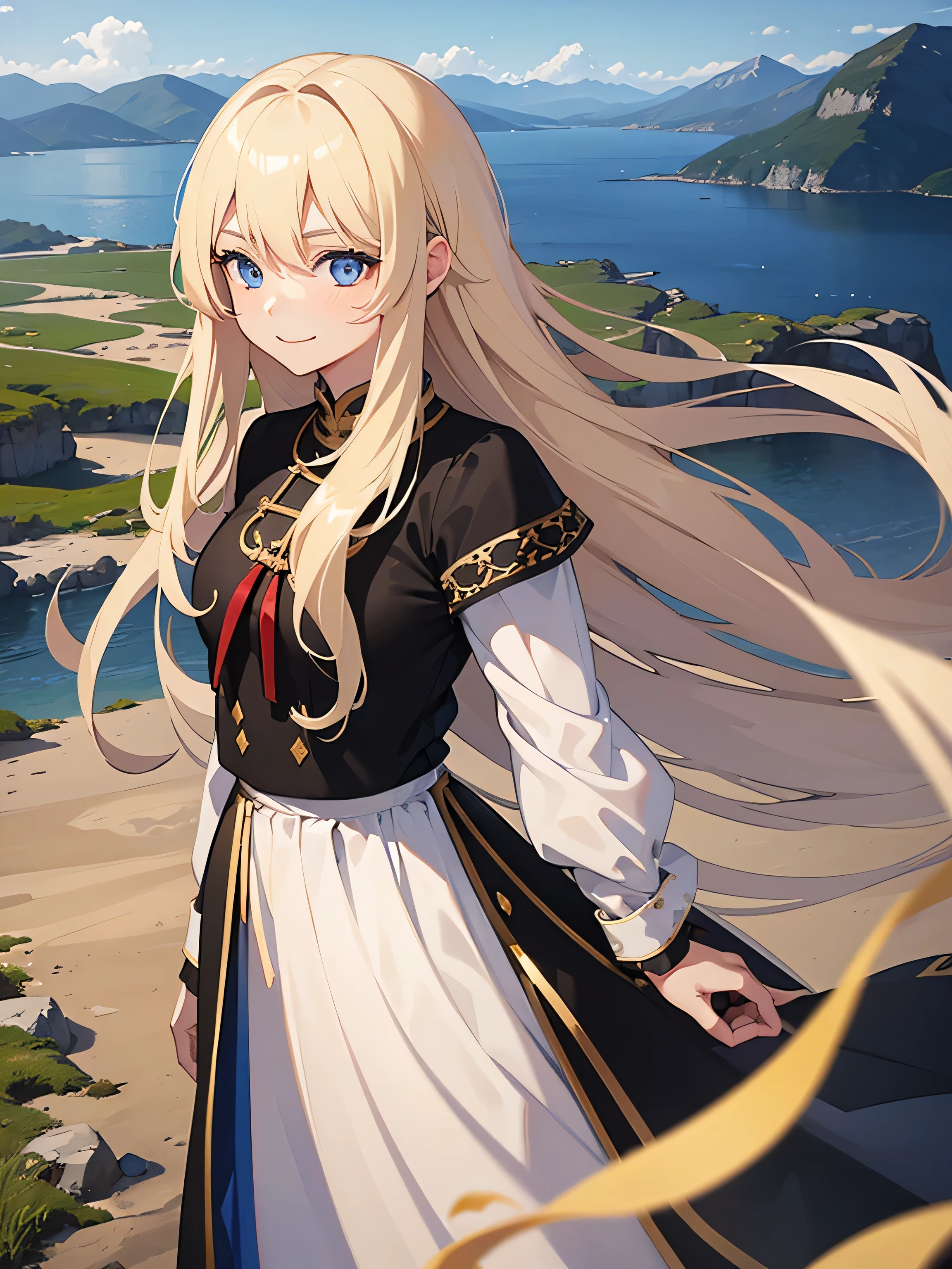 1 girl, 20 years old, Norwegian, Light blonde hair, long hair, fair skin, gentle smile, blue eyes, beautiful, delicate, standing, black white red and gold traditional Norwegian dress, mountains, fjord, sun.