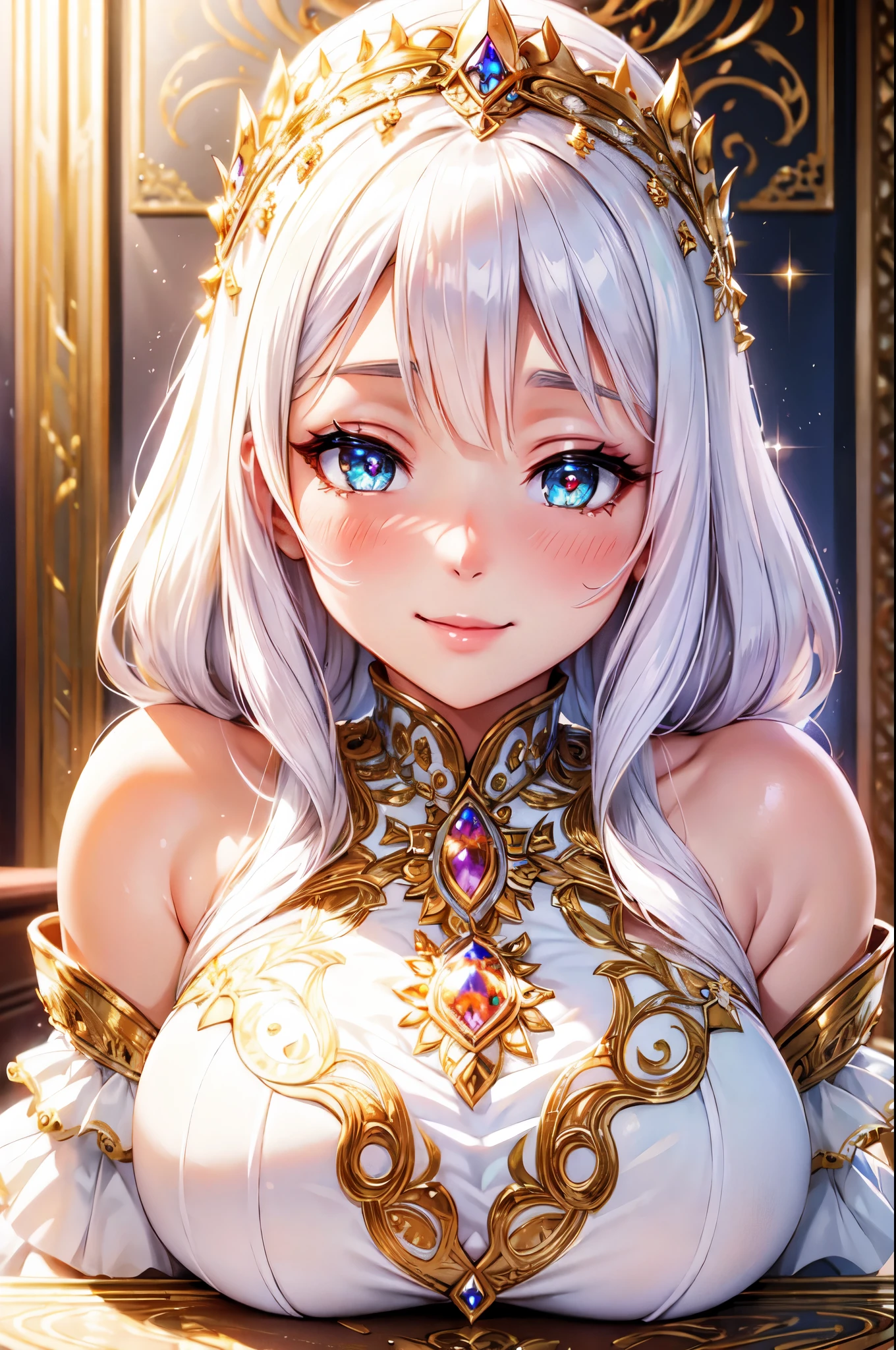 (High quality, High resolution, Fine details), stunning ornate white dress, elaborate embellishments, exquisite embroidery, crystal-like beads, flowing fabrics, majestic elegance, solo, curvy women, sparkling eyes, (Detailed eyes:1.2), smile, blush, Sweat, Oily skin, dramatic lighting, soft focus, shallow depth of field
