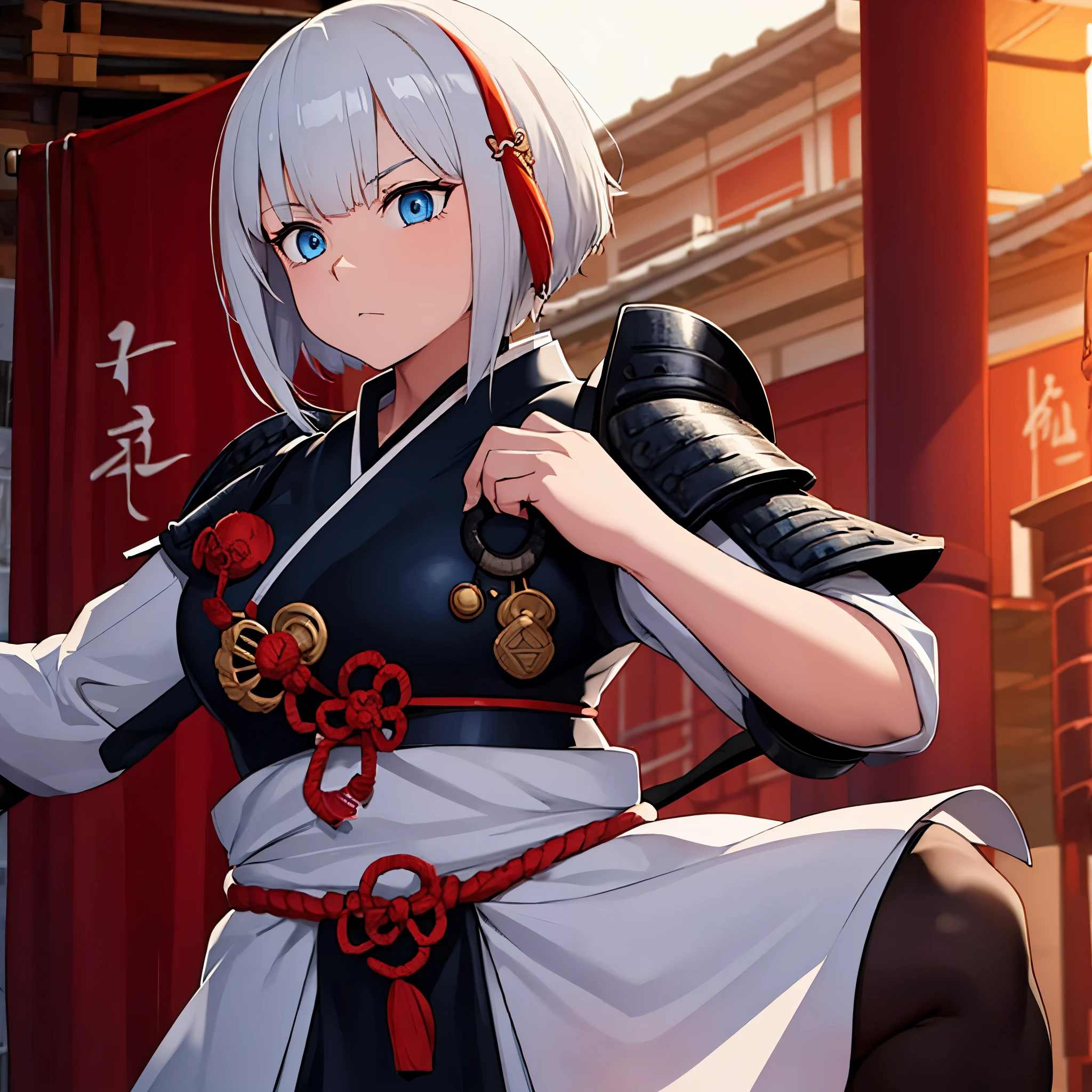 A girl wearing heavy samurai armor outside a dojo, short silver hair, a red fringe, blue eyes.
