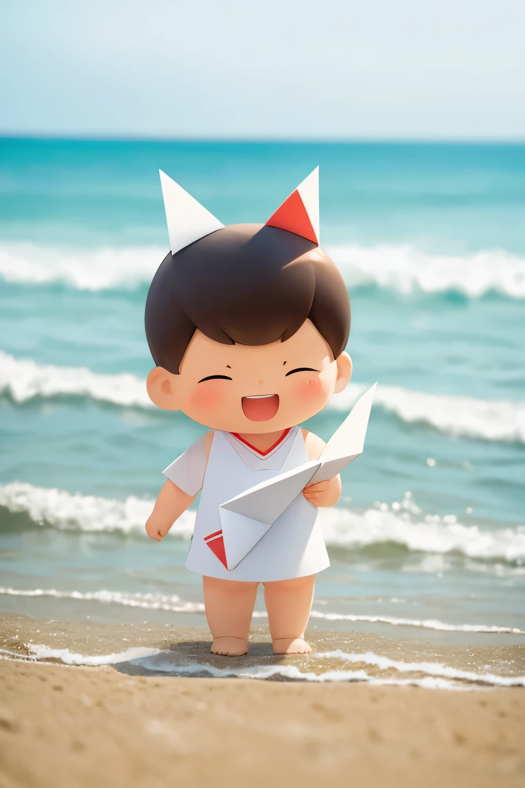 small  outdoors，portrait of a full body，5years old，((paper airplane))，happily laughing，mini cute toddler、Taken from the side、Strong bokeh、Shiba dog、sand beach