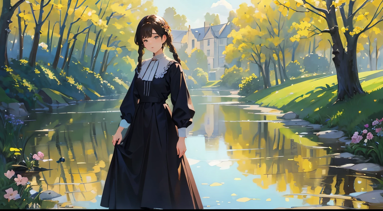 (Sargent style watercompressionist style painting、(highest quality、masterpiece)、soft light、view of the cotswolds,old farmhouse、stream、flowers bloom、one woman、dark brown hair、braided hair、White blouse and long skirt、picnic、Standing on a hill、blown by the wind、