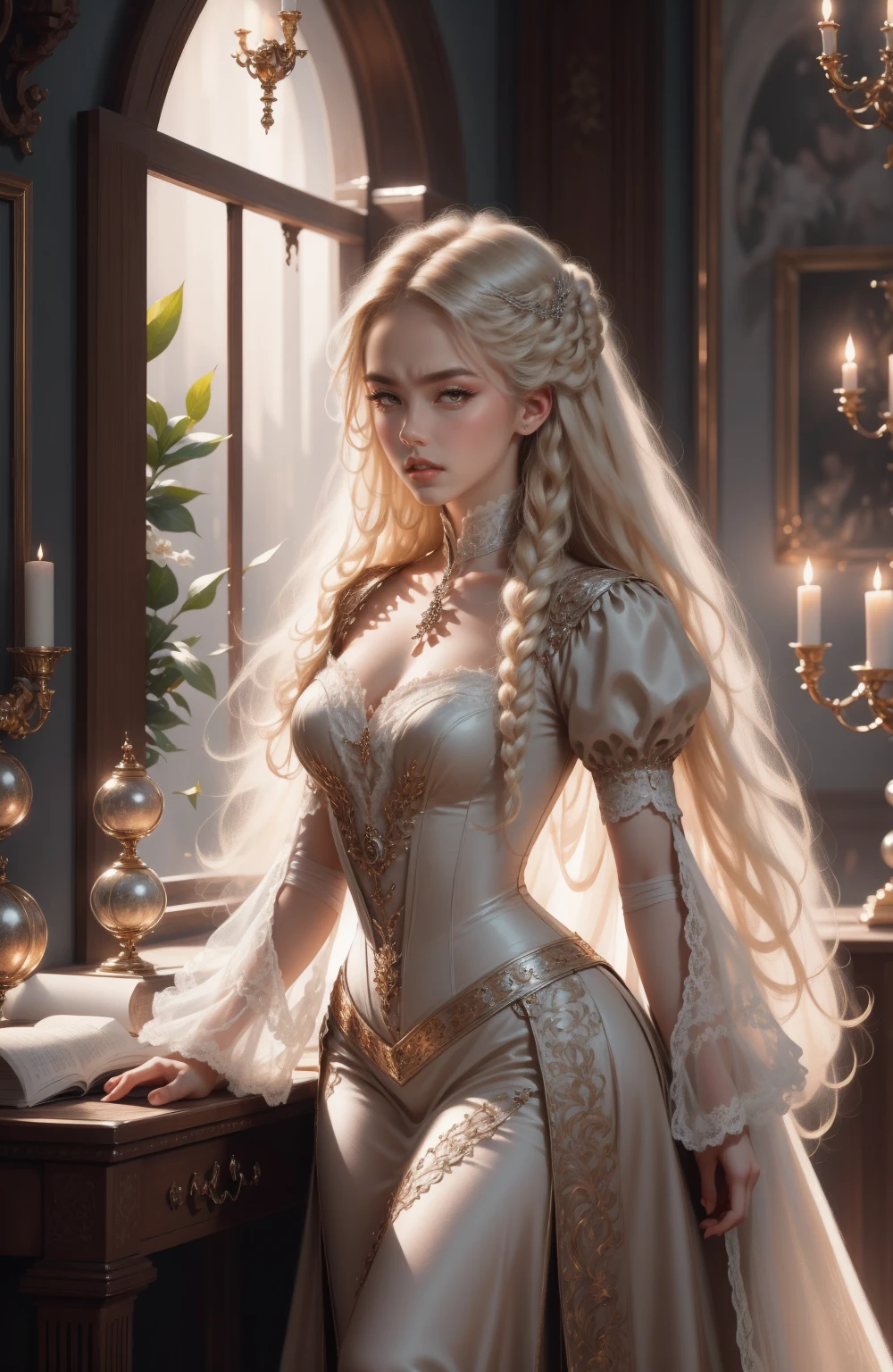 { - anatomy error}(Masterpiece - Ultra-detailed, very high resolution) Prepare to be enchanted by a true masterpiece that combines ultra-detailed art with high-resolution rendering. This work depicts a mesmerizing woman with very long blond hair (1.3) and captivating gray eyes (1.2), emanating an aura of elegance and mystery in Victorian settings. The intricate details and realistic textures invite you to explore every aspect of this enchanting composition. Woman wearing beautiful classic Victorian costume from the year 1878. Red lips. Happy face. Smiling. white (white) dress. dancing lightly, dynamic poses. Get ready to dive into a world where beauty and craftsmanship merge perfectly.