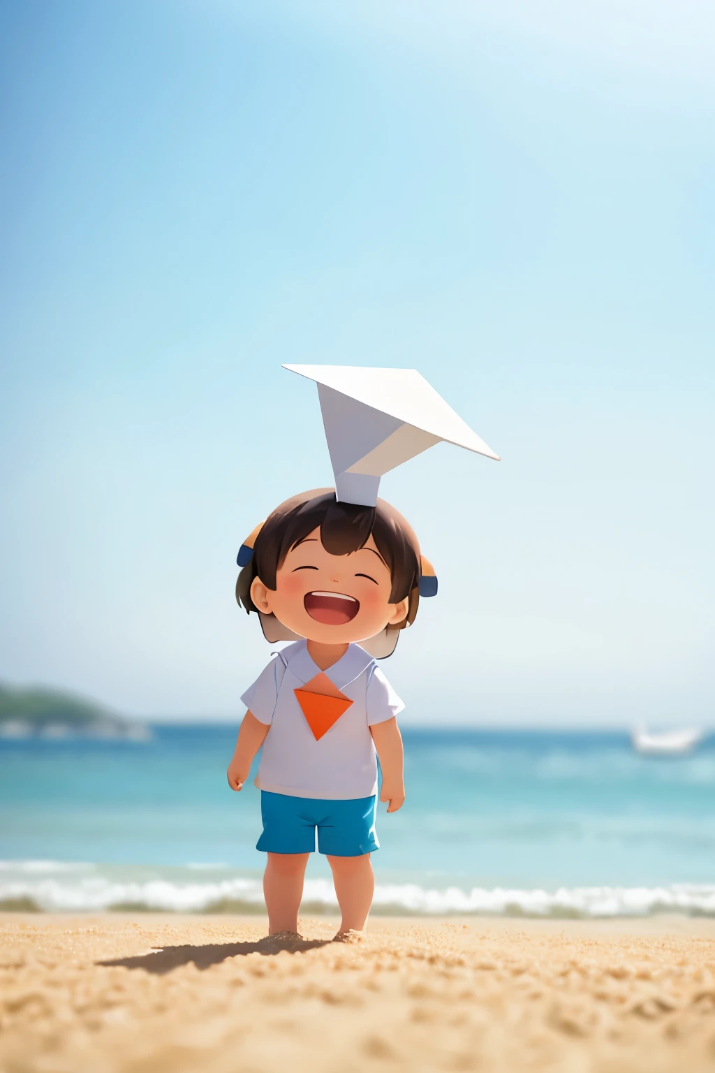 small  outdoors，portrait of a full body，5years old，((paper airplane))，happily laughing，mini cute toddler、Taken from the side、Strong bokeh、sand beach