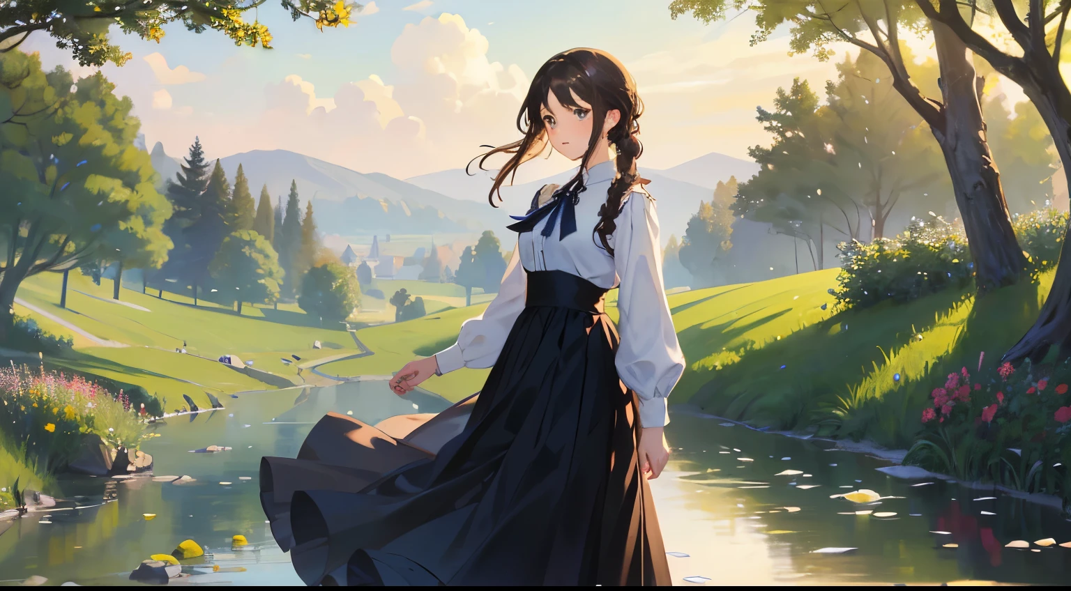 (Sargent style watercompressionist style painting、Renoir style、(highest quality、masterpiece)、soft light、view of the cotswolds,old farmhouse、stream、flowers bloom、one woman、dark brown hair、braided hair、White blouse and long skirt、picnic、Standing on a hill、blown by the wind、