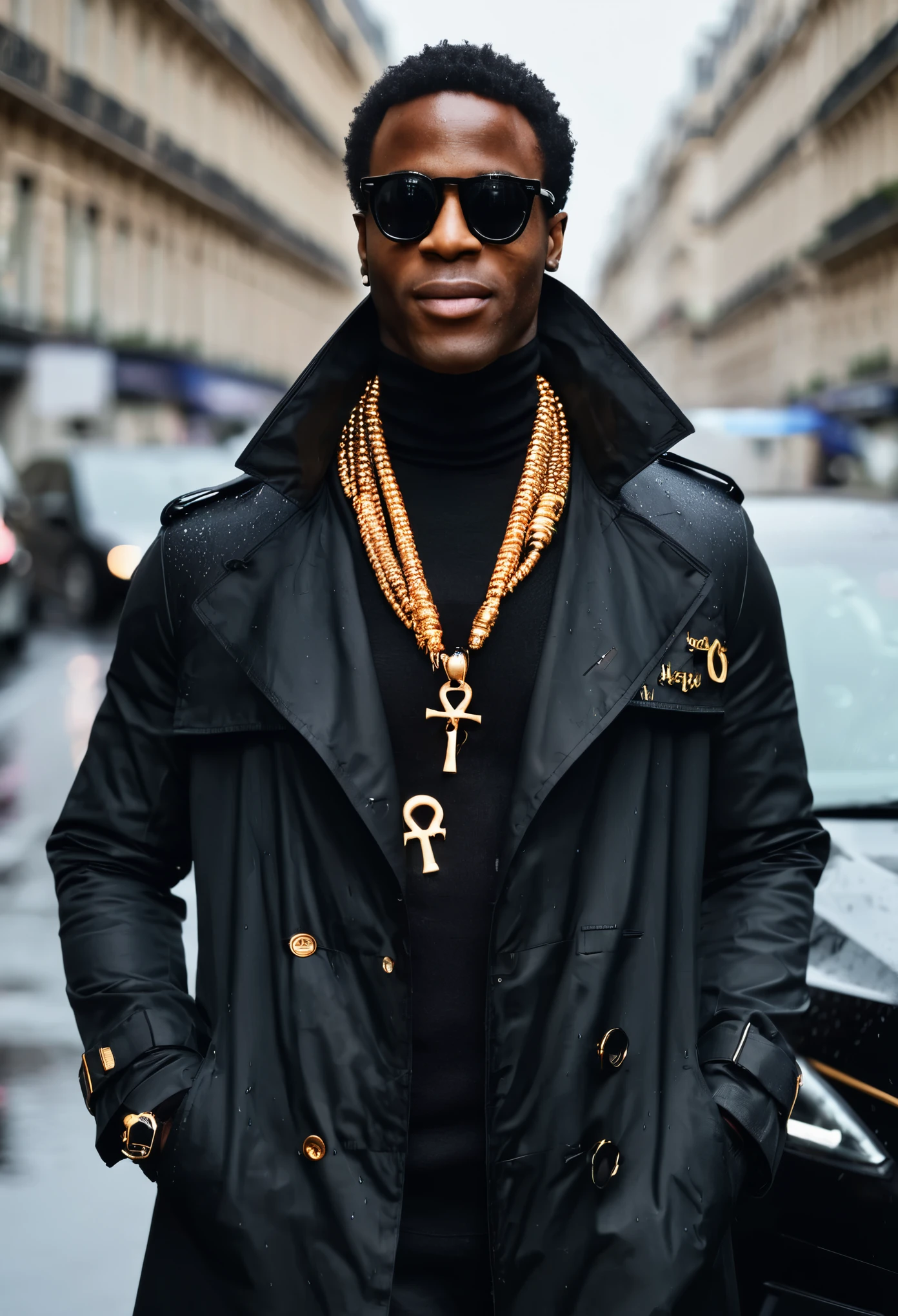 Ebony man, Afro-American, about 35 year old, Araffe wearing black coat and sunglasses standing in front of gray car, flaunting his wealth, in Paris, rain lit, edited, full body shot, by Austin English , 1 chain gold ankht pendant with an Egyptian cross on it, ankh pendant, ankh symbol, ankh, ankh symbol around the neck, wears the ankh symbol, very consistent, high quality download, rich in details, he wears a black trench coat, black on black, inspiration