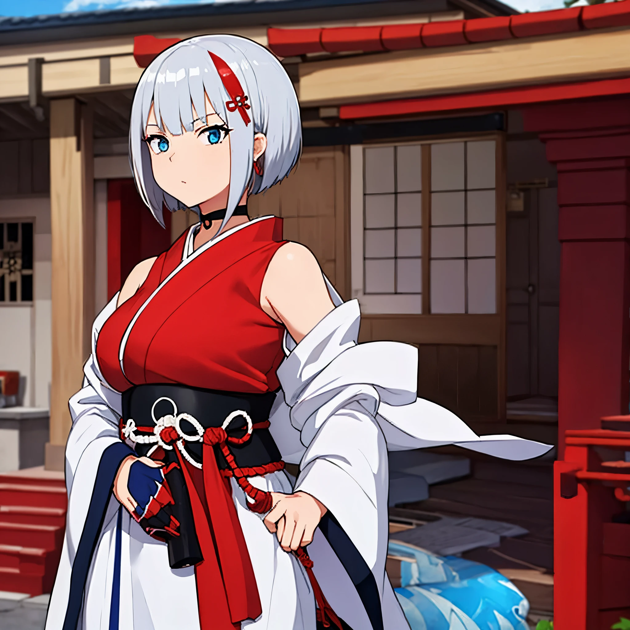 A girl wearing heavy samurai armor outside a dojo, short silver hair, a red fringe, blue eyes.
