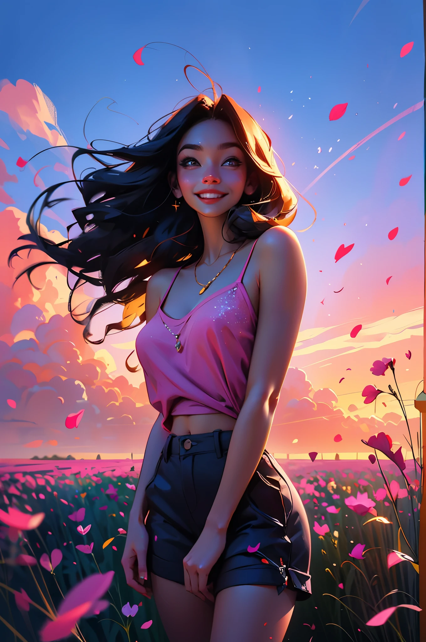 award winning digital art, half body portrait of a beautiful woman in a pink cami and cargo pants with navy blue teal hairstyle with head in motion and long hair flying, big smile, Happy, sexy,  in a flower field, golden sunset, particles dust, glitter, paint splashes, splatter, outrun, vaporware, shaded flat illustration, digital art, trending on artstation, highly detailed, fine detail, intricate