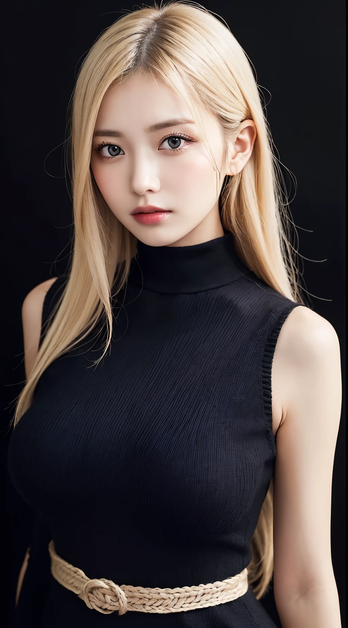 ((((black background、black clothes、face forward、Nordic、high neck、knit dress、No sleeve、big breasts、long hair)))))))、blonde、(((blonde)))、masutepiece, Best Quality, Photorealsitic, finely detail, hight resolution, 8K Wallpapers, Perfect dynamic composition, Beautiful detailed eyes, Medium Hair, large full breasts、Resort scenery、24 year old、(Drooping eyes 1.4)、Adult beauty、japanes