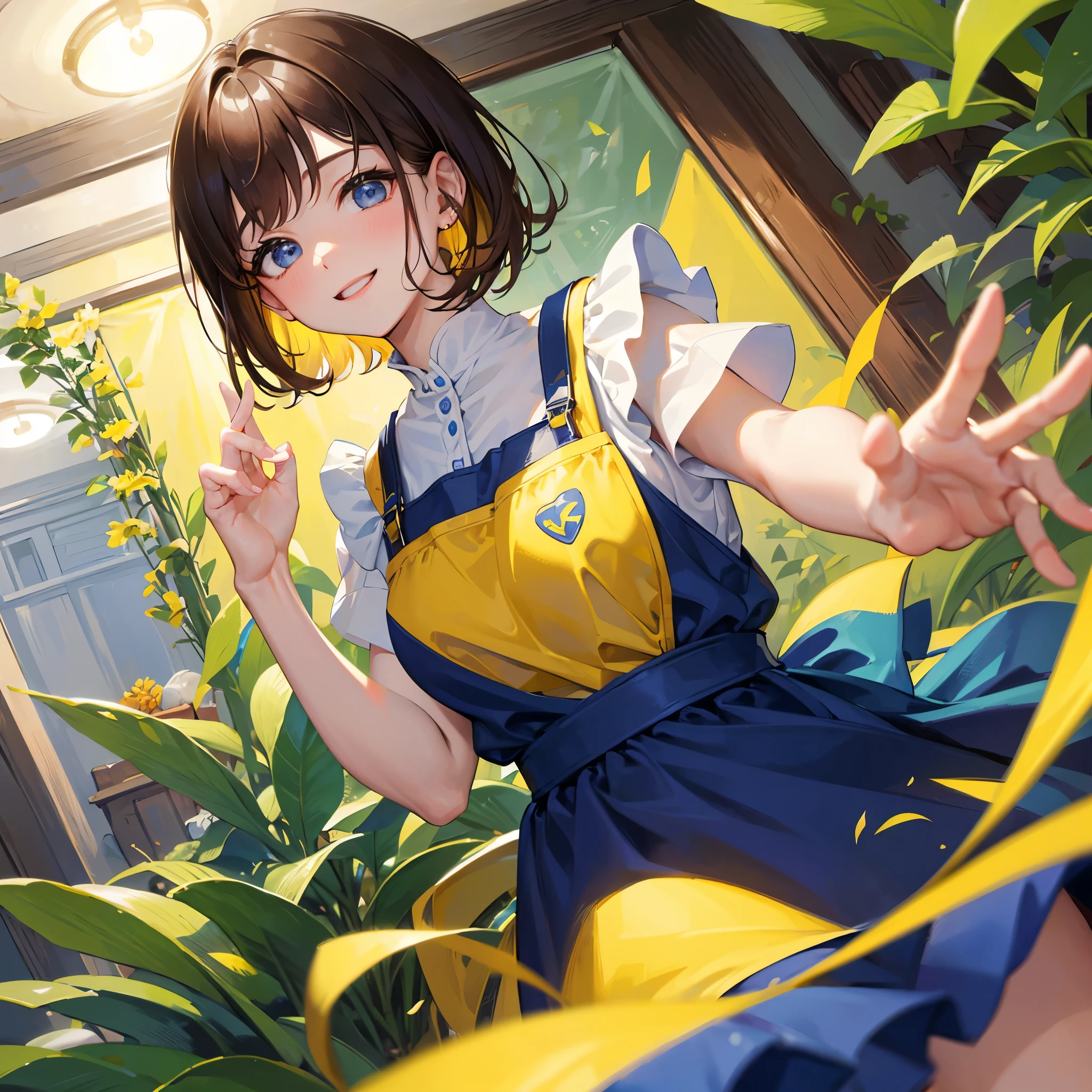 ８K, highest quality, masterpiece, super detailed、middle short hair、young face、brown hair、pale blue eyeedium breasts、perfect hands、detailed hands、、whole body、yellow apron、smile、Nursery school hallway、yellow apronを着ている