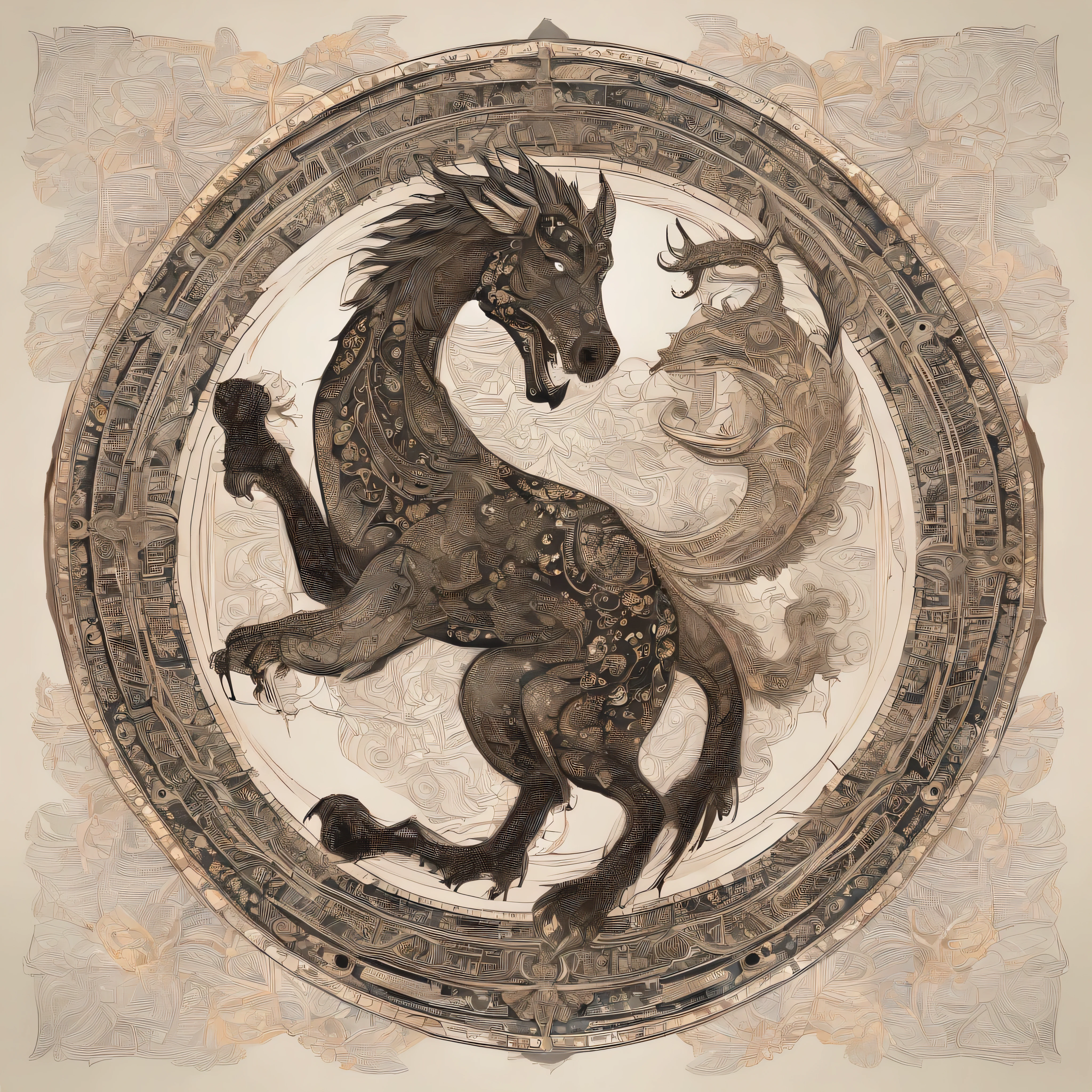 masterpiece, best quality, A stunning mandala of intricate dots, featuring a regal Thai Dragon onyx horse.