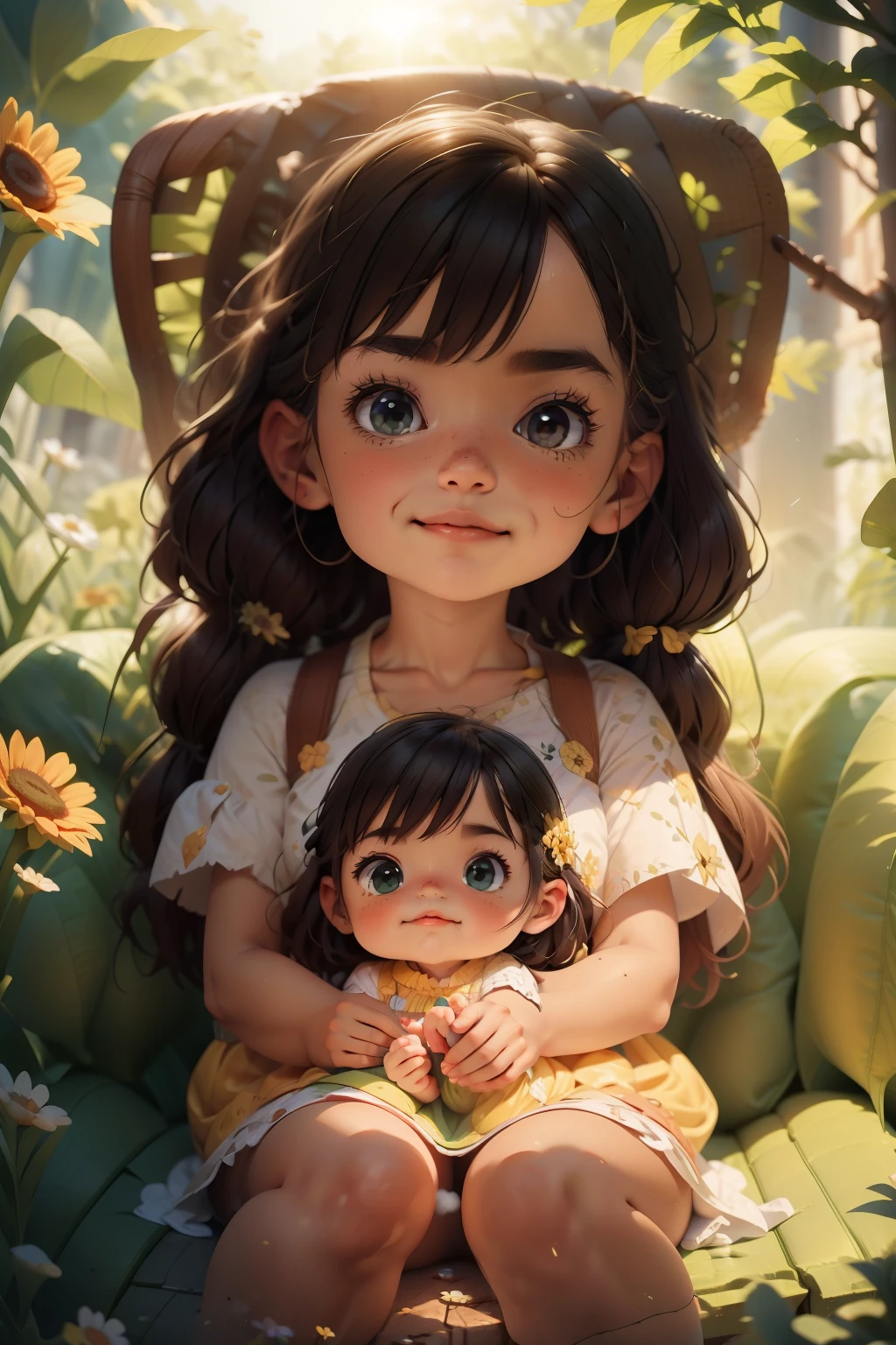 A charming young girl with rosy cheeks and twinkling eyes, clad in a sunflower yellow sundress, sits contentedly on the lush, emerald-green grass. She cradles her beloved pet, a fluffy golden retriever, in her arms, his tail wagging happily as he licks her face with affectionate slobbers. The sun casts its warm rays upon them, bathing them in golden light as they share a heartfelt moment, their joy radiating in the gentle breeze, creating an idyllic scene of friendship and companionship.