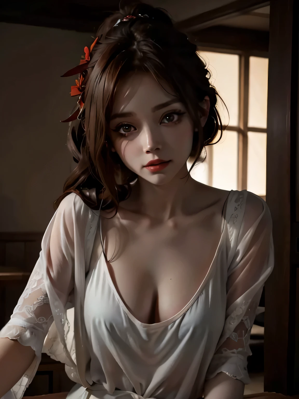 Reddish-brown hair,Long curly hair,high ponytail,red headdress,red eyes,red eye,red pupils,Delicate and detailed eyes,sparkling eyes,blur background