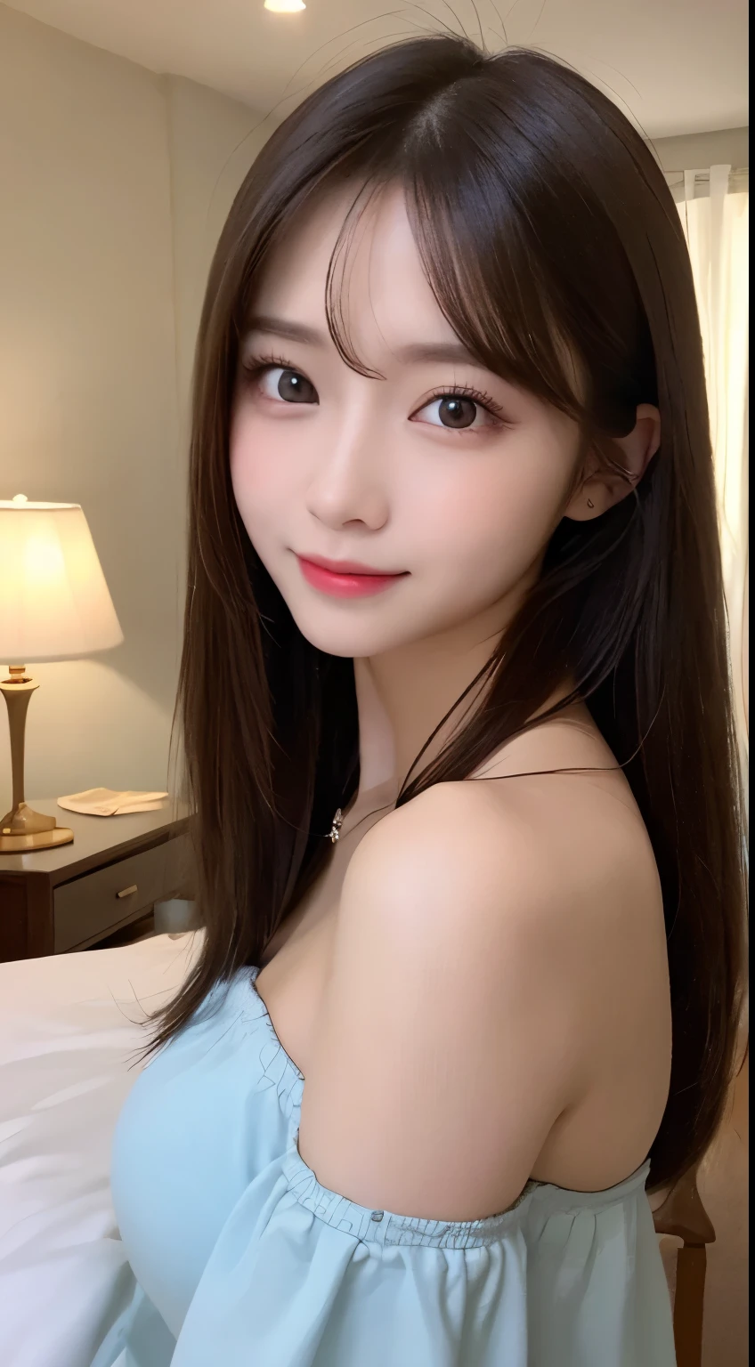 table top, highest quality, shape, Super detailed, finely, High resolution, 8k wallpaper, perfect dynamic composition shape, beautiful and detailed eyes, off shoulder dress, small breasts, natural color lip,Gentle smile,20 year old girl、Beautifully detailed face、perfect and beautiful face,Big eyes、Beautifully detailed face、perfect and beautiful double eyelids、blur the background、Feminine poses、slim face and style、straight hair、Bedroom、lie in bed、 (get closer to the face, enlarge the face, face focus:1.0), break, (masterpiece, highest quality, Super detailed, detailed face, 8k)、real photos(best image quality)、shoot from above、look up、K-POPアイドルフェイス、smile