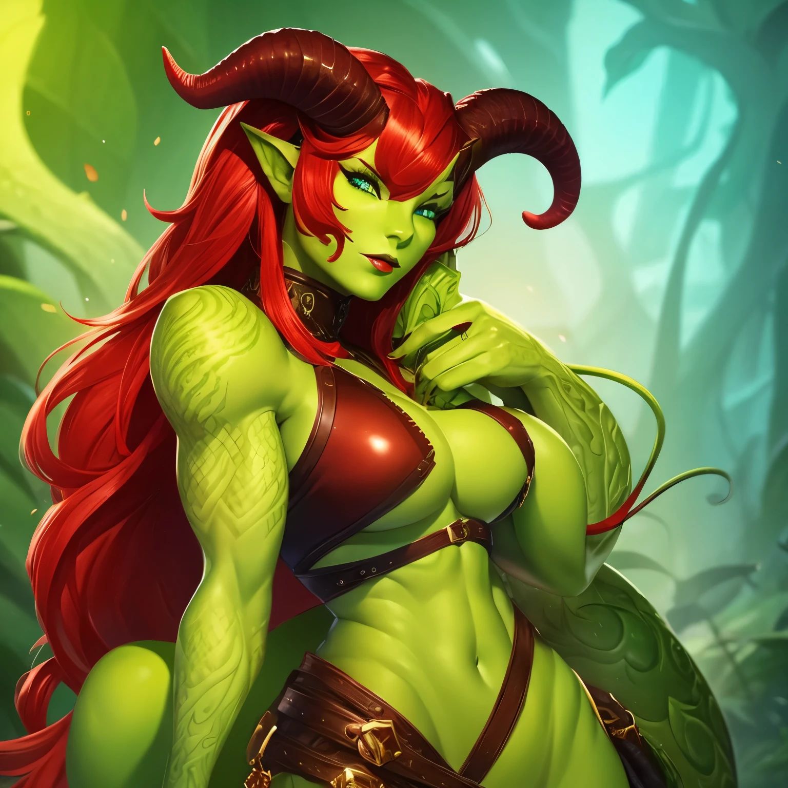 Female tiefling with green skin, green eyes, and red hair