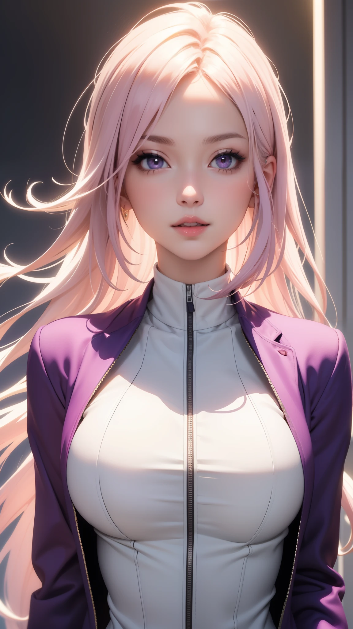 (masterpiece, best quality), intricate details, thin, ((Slim)), beautiful girl, light pink hair, White skin, Light purple eyes, sharp jawline, cropped jacket, messy hair, lips, Upper body, big breasts,giggle