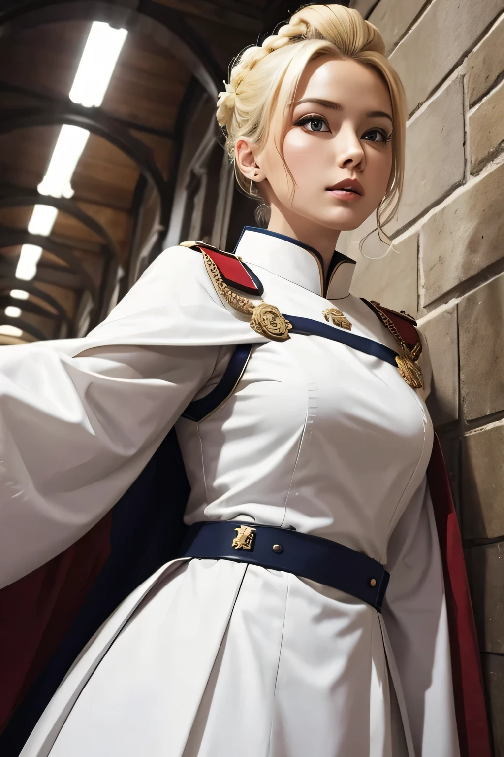 white military uniform、beautiful female holy knight、(((blonde updo)))、((whole body))、(((photo taken from below)))、city