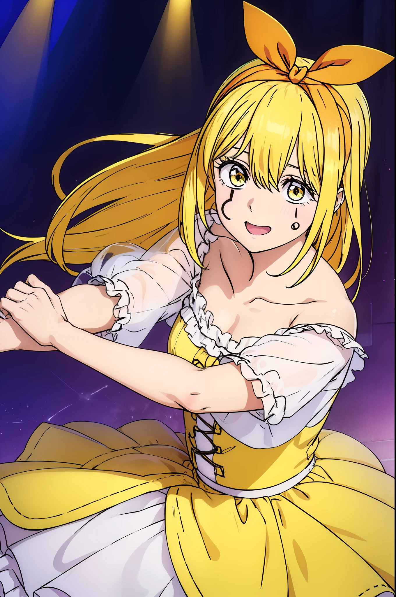 master piece, best quality, 8k, ultra high resolution, highest quality, anime style, best writing, beautiful face, Beautiful illustrations, 1 girl, solo、long hair, yellow eyes, hair band, hair ribbon, blonde, Bruise on face, best smile, blush, (Yellow idol costume:1.3), (yellow costume:1.3), live stage, best lighting, sing, dance, cowboy shot