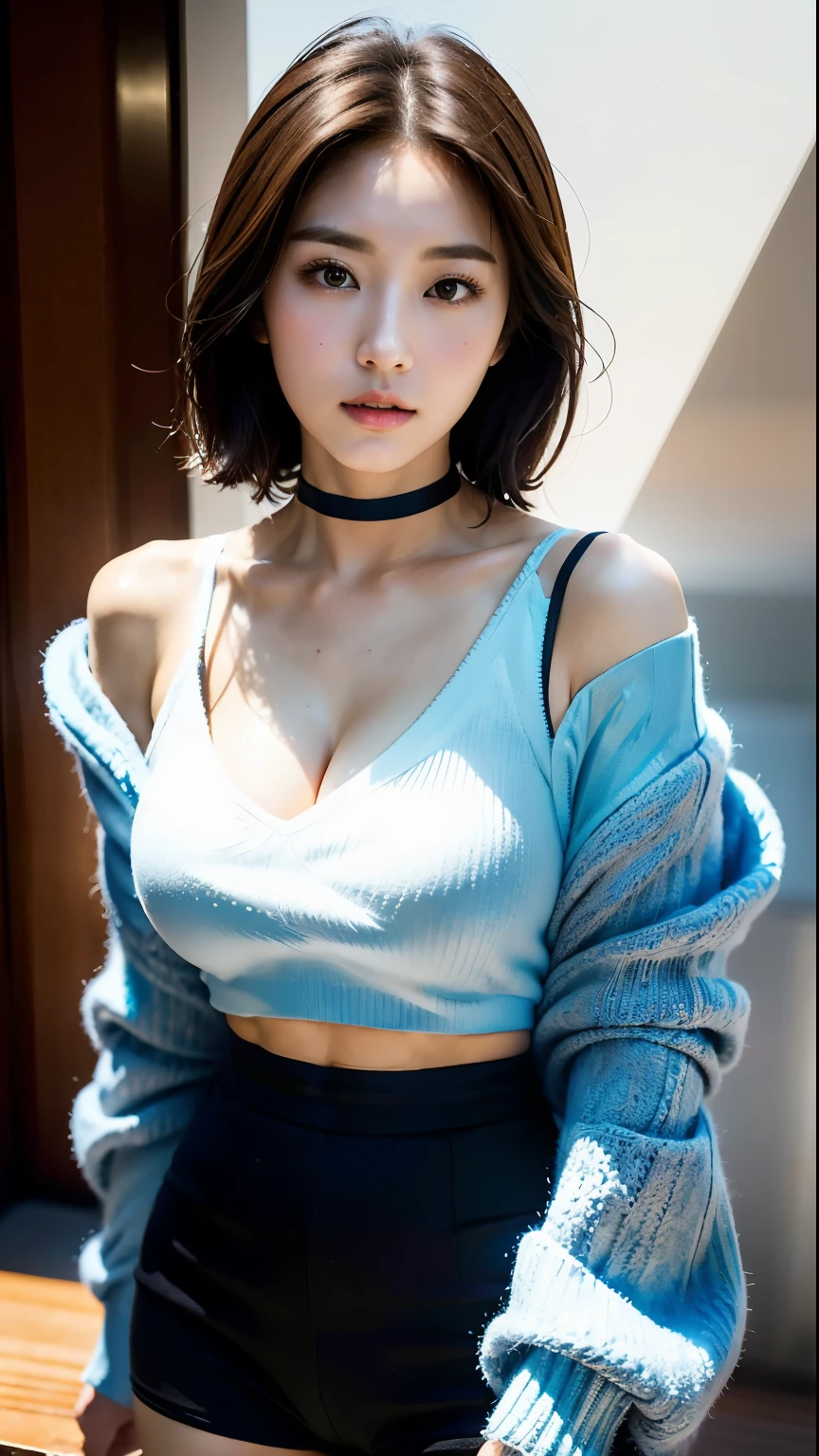 （best qualtiy，8K，32K，tmasterpiece，hyper HD：1.2），Beautiful Japanese woman in the photo，big cleavage breasts，Very short Bob hair，full bodyesbian，sface focus，Oversized_Sweater，choker necklace，simple backgound，From the front side，looking at viewert，cleavage，hot pant