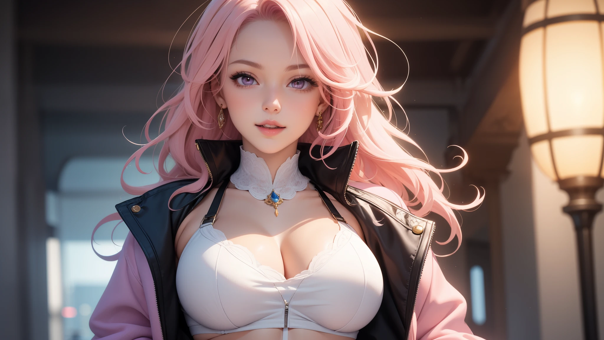 1 woman,(masterpiece, best quality), intricate details, thin, ((Slim)), beautiful girl, light pink hair, White skin, Light purple eyes, sharp jawline, cropped jacket, messy hair, lips, Upper body, big breasts,giggle