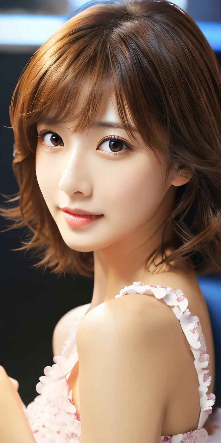 masterpiece、highest quality、High resolution、table top、wallpaper、realistic、bright lighting、professional lighting、face light、smooth lighting、japanese woman、adult、Beautiful woman、action、gravure、sexy、poor、super beautiful、beautiful skin、beautiful and detailed eyes、detailed face、slim、Moderate、short hair、brunette colored hair、brown eyes、look at the camera、play the ukulele、