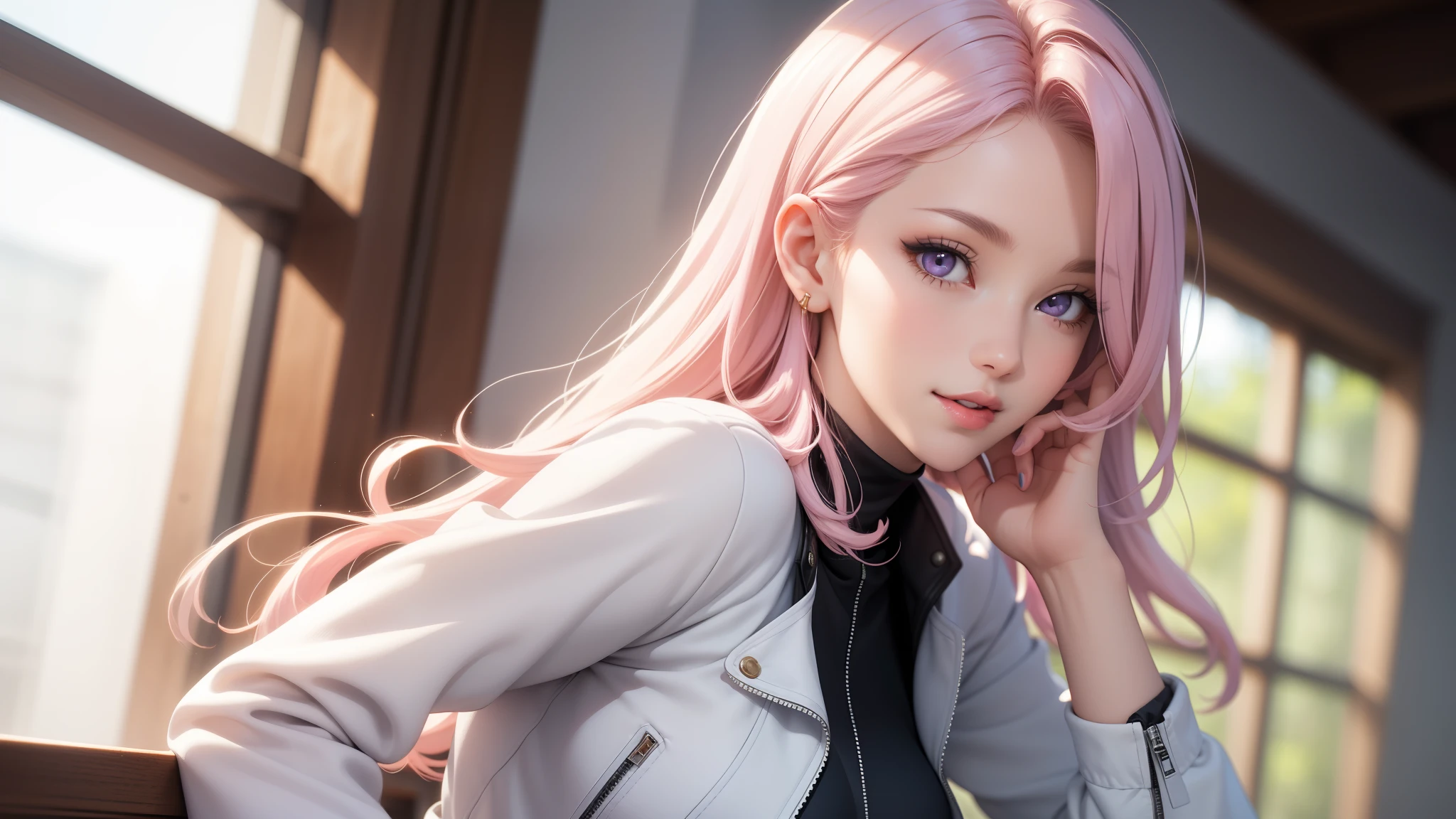 1 woman,(masterpiece, best quality), intricate details, thin, ((Slim)), beautiful girl, light pink hair, White skin, Light purple eyes, sharp jawline, cropped jacket, messy hair, lips, Upper body, big breasts,giggle