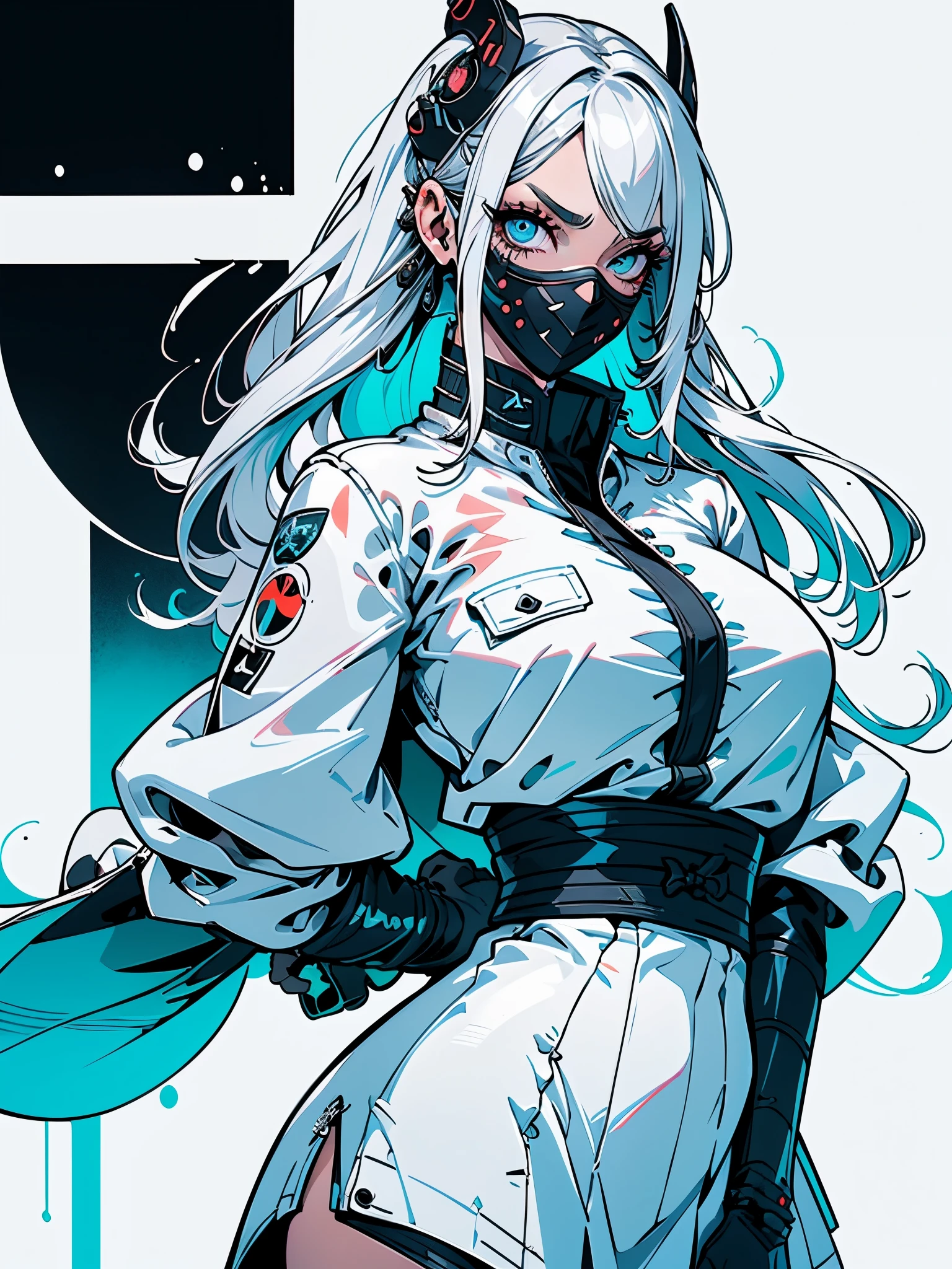 gilr alone, white hair, long hair, cabelos retos, olhos azul escuro, trajada, jaqueta tech, coxas a mostra, decote, seios pequenos, bunda grande, thick muscle coxa, (((garota equipada com mascara ninja e jaqueta croped com decote))), tenis branco cano alto, background with cool colors neon and black, corpo inteiro,