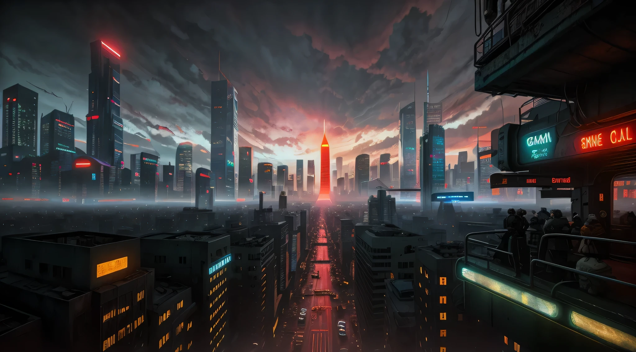 The painting depicts a surreal and futuristic landscape, A blend of awe-inspiring beauty and terror. The sky is deep, Pulsed red, The clouds seem to be alive，On the move. In the distance, Great city view view, towering skyscrapers, Neon lights, and a row of buildings. The city is illuminated by various colors and displays, Adds an overall feeling of awe and wonder.

Sin embargo, There is also a sense of horror in the picture. Buildings and structures appear to be in a state of decay and disrepair, Broken windows, Missing parts, and cracked facades. The city is vibrant, But there is a sense of confusion and unease, It seems that something is wrong.

In the foreground, There is a huge one, Sentient beings, With a distorted and inhuman appearance. Presence consists of wires, circuit, and mechanical parts, It seems to be coming out of the ground, As if rising from the depths of the earth. Its eyes glow with an intense, Red light, Its mouth opened, Rows of sharp sharpness are revealed, Metal teeth.

The background is shrouded in darkness, Only a few, Dim lights are visible in the distance. There is a sense of the unknown and uncertainty, As if the world beyond the cityscape is vast and wild.

The painting captures the essence of a surreal and futuristic world, A blend of awe-inspiring beauty and terror. The images are visually stunning, It shows the world in new and unusual eyes, A mix of the familiar and the unknown.

High detail RAW color art, animation, Cartoon, (white theme), (intricately details, Fine details, ultra - detailed), Ray traching, Subsurface scattering, ((pastel colour)), diffused soft lighting, Shallow depth of field, By (Oliver Wetter), author：Stanley Kubrick, shot on a Canon EOS R5, 28mm lens, f/2.8, Sharp focus bokeh