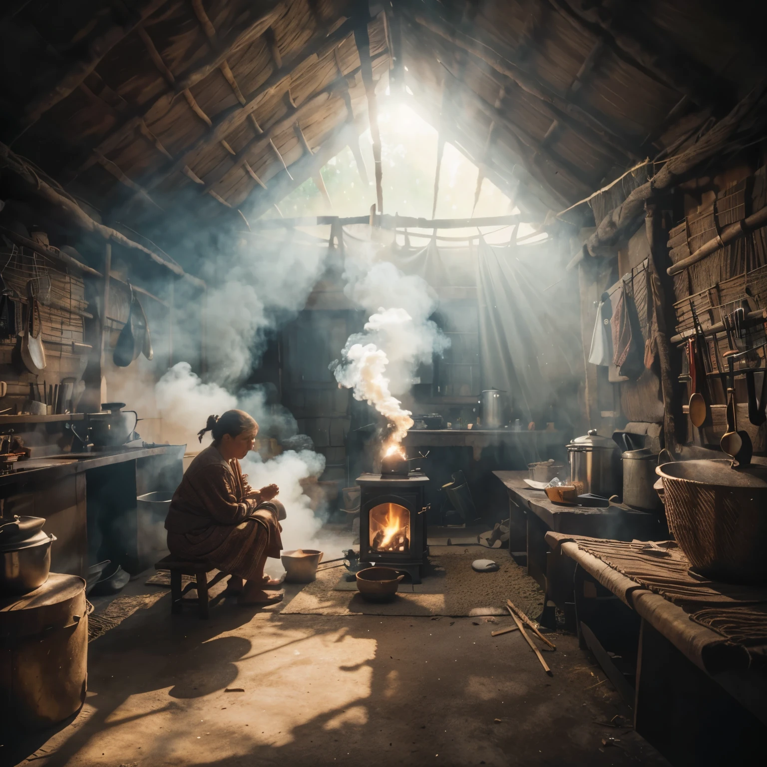 raw photography, 32k quality, UHD, super detailed, ultra realistic, atmosphere of a traditional kitchen in a hut. The kitchen uses a burning stove, there is a grandmother cooking water in a kettle sitting on a small bench with a dirt floor. there is a slight refraction of morning sunlight between the walls made of woven bamboo, a little smoke creates a magical feel for the photo, a cinematic effect