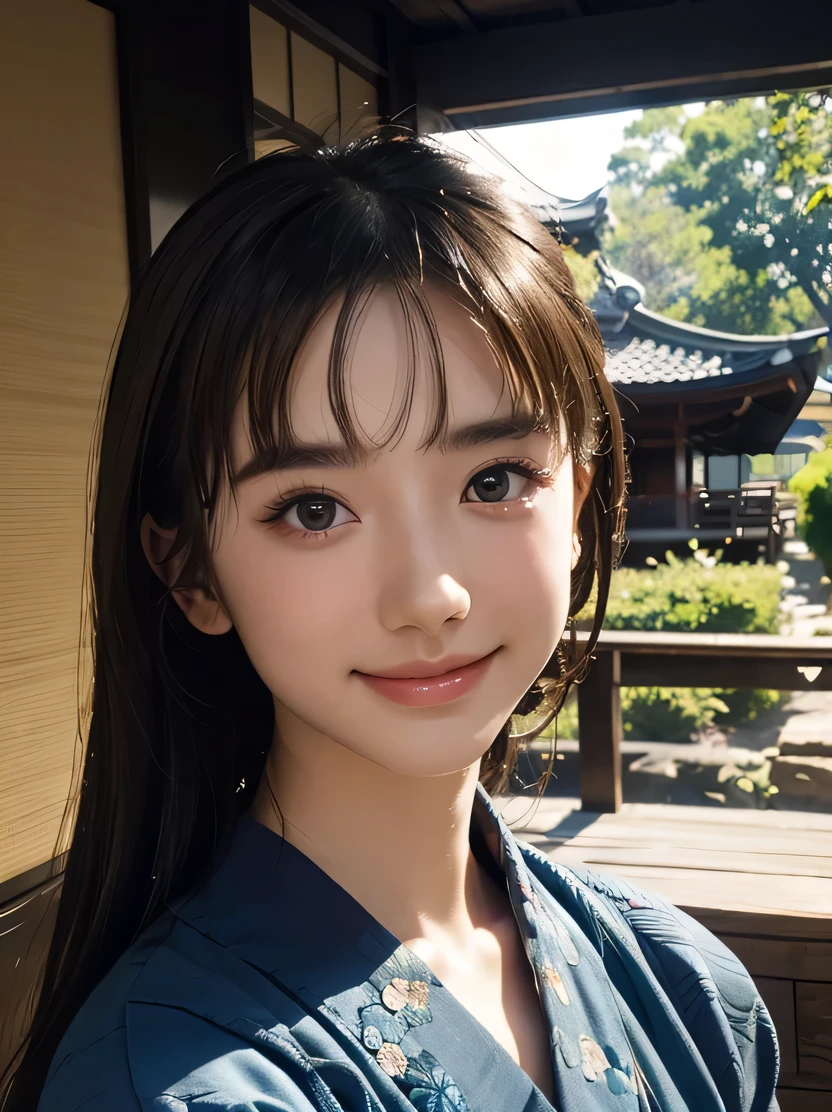((masterpiece、highest quality、Super detailed、High resolution、sharp focus、cinematic lighting))、((1 female、bust shot))、face light、Beautiful girl wearing a blue floral kimono、young、pretty girl、famous japanese idol、black hair、bun hair、front、very delicate and beautiful、highly detailed skin、Fair skin、shiny skin、18-year-old、 smile、highly detailed nose、highly detailed mouth、cute face、beautiful scenery、Japanese village at midday、1 girl
