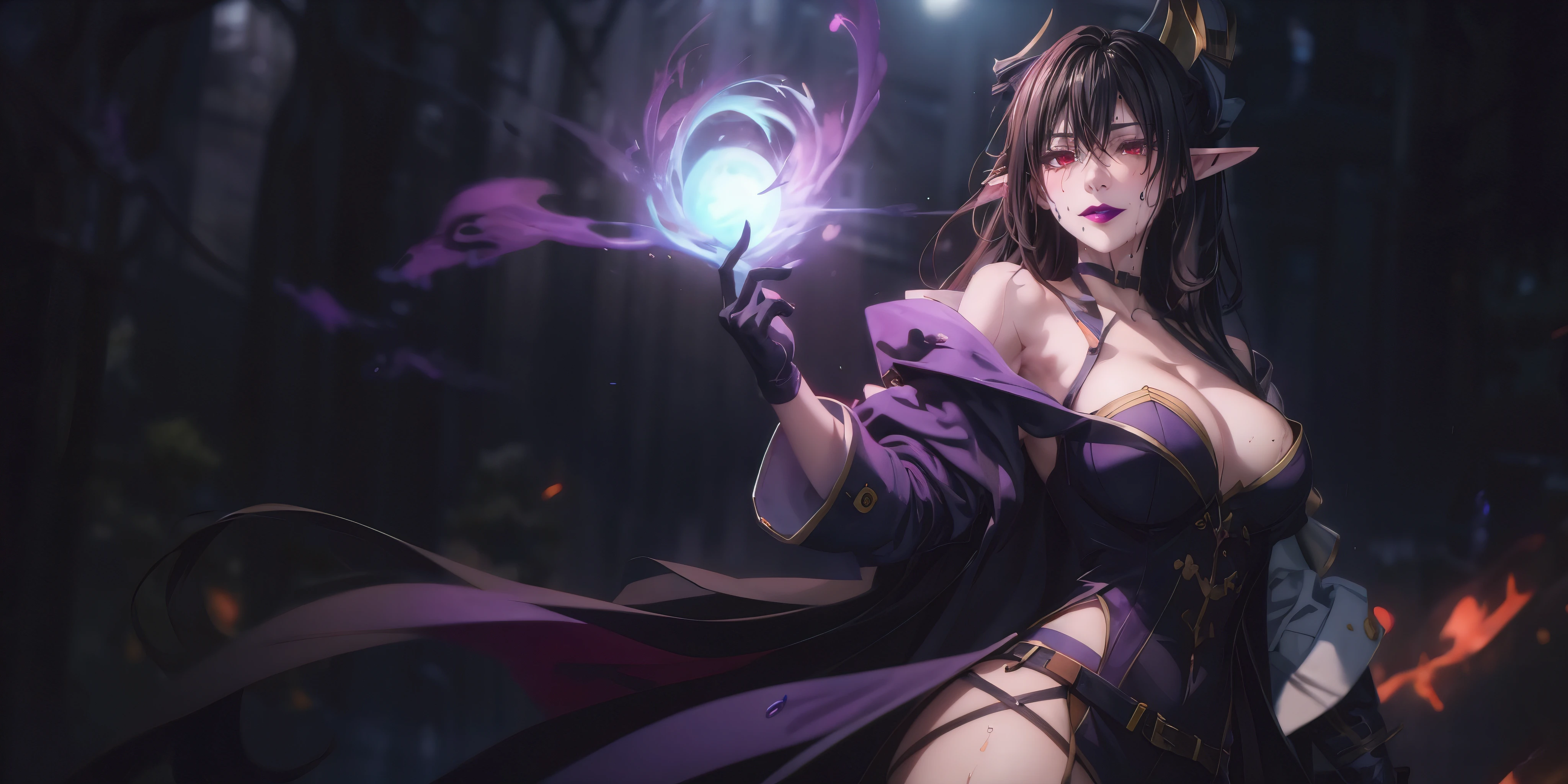 red eyes, pointy ears, long black hair, purple lipstick, makeup, pale skin, anatomically correct, , epic art, fantasy, 1girl, breasts, solo, vastaya, cleavage, large_breasts, bare_shoulders, elbow_gloves, staff, choker, glow effects, godrays, Hand drawn, render, 8k, octane render, cinema 4d, blender, dark, atmospheric 4k ultra detailed, cinematic, Sharp focus, big depth of field, Masterpiece, colors, 3d octane render, 4k, concept art, trending on artstation, hyperrealistic, Vivid colors, extremely detailed CG unity 8k wallpaper, trending on CGSociety, Intricate, High Detail, dramatic, facing viewer, smirk, upper teeth, purple lips, red eyes, blush, sweating, wet, looking at viewer, 