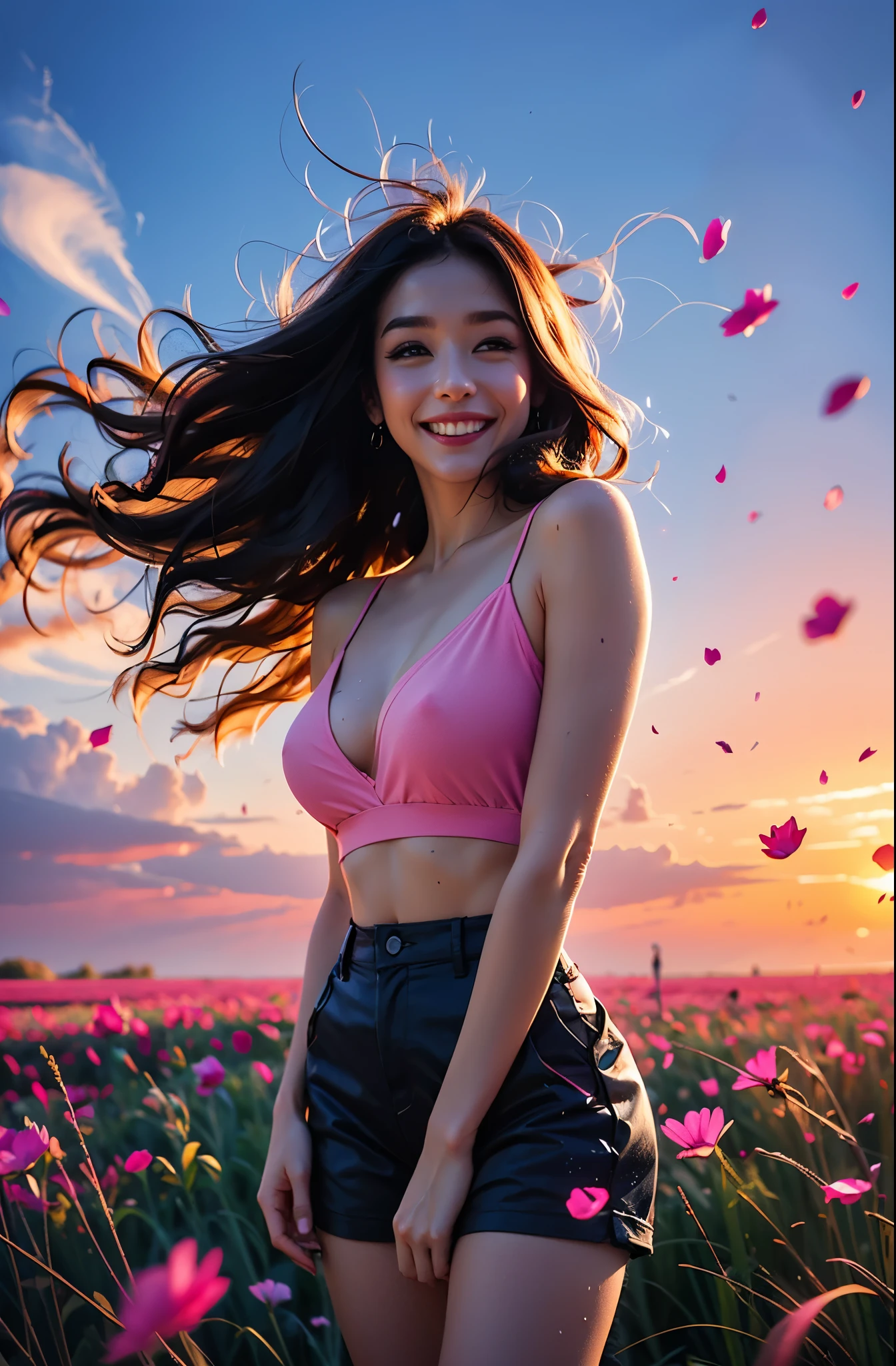 award winning digital art, half body portrait of a beautiful woman in a pink cami and cargo pants with navy blue teal hairstyle with head in motion and long hair flying, big smile, Happy, sexy, in a flower field, golden sunset, particles dust, glitter, paint splashes, splatter, outrun, vaporware, shaded flat illustration, digital art, trending on artstation, highly detailed, fine detail, intricate