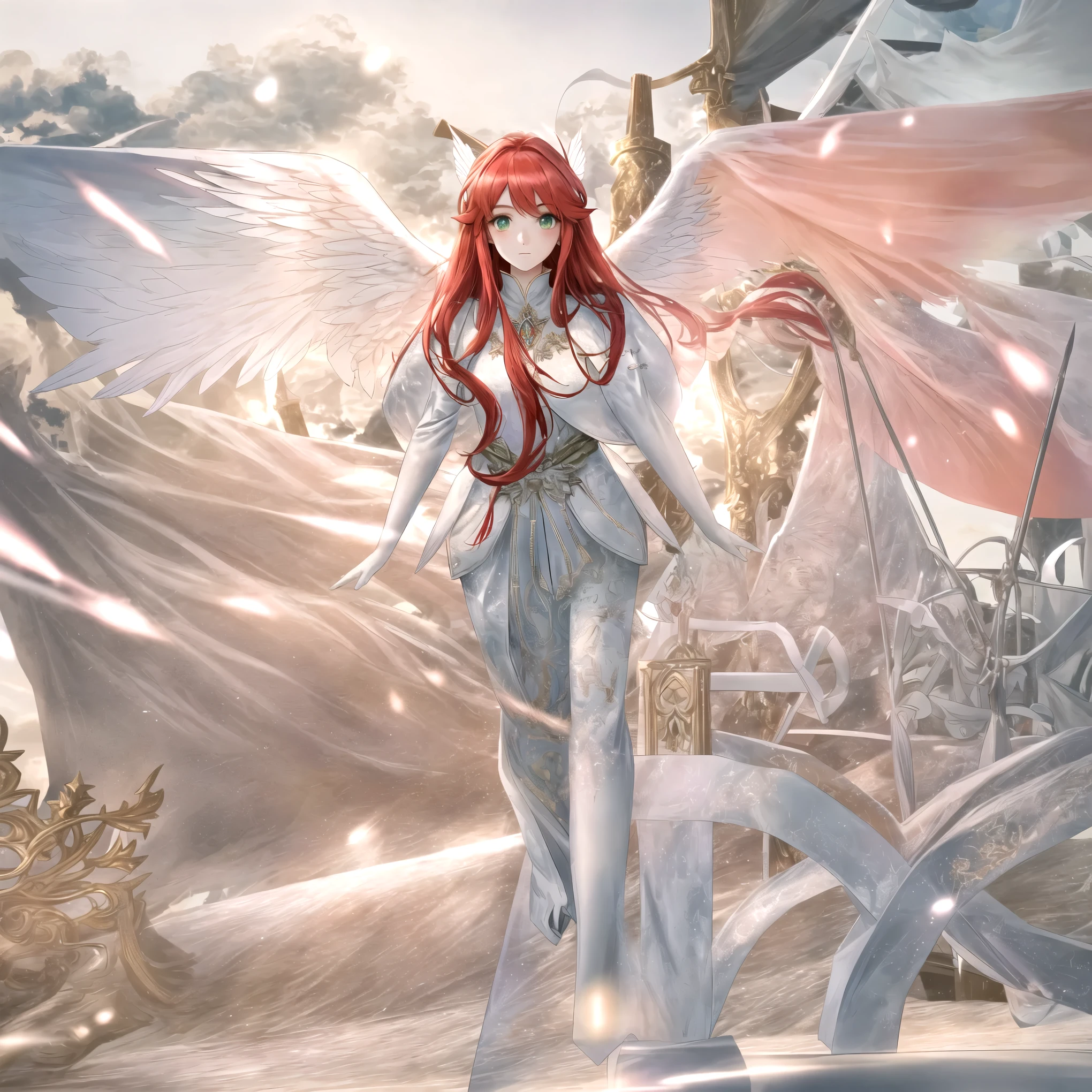 anime - style image of a woman dressed in white with wings, angel knight girl, full - body majestic angel, ethereal wings, epic angel wings, big white glowing wings, winged human, angel in plastic armor, super wide angel, wispy gigantic wings, as a mystical valkyrie, spellcasting pose, angelic purity, mystical valkyrie, giant wings, cyarine, red long hair, green eyes