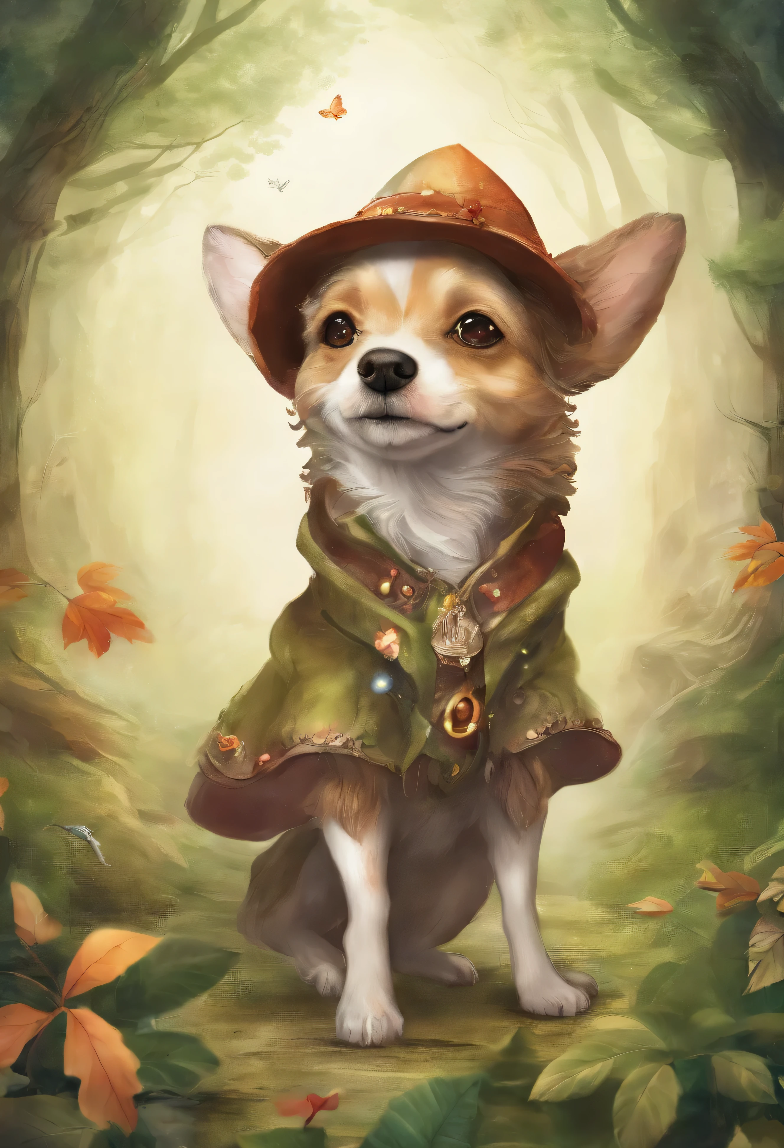 a cute dog，Wear travel attire，Parchment in your hand，Walk in the forest