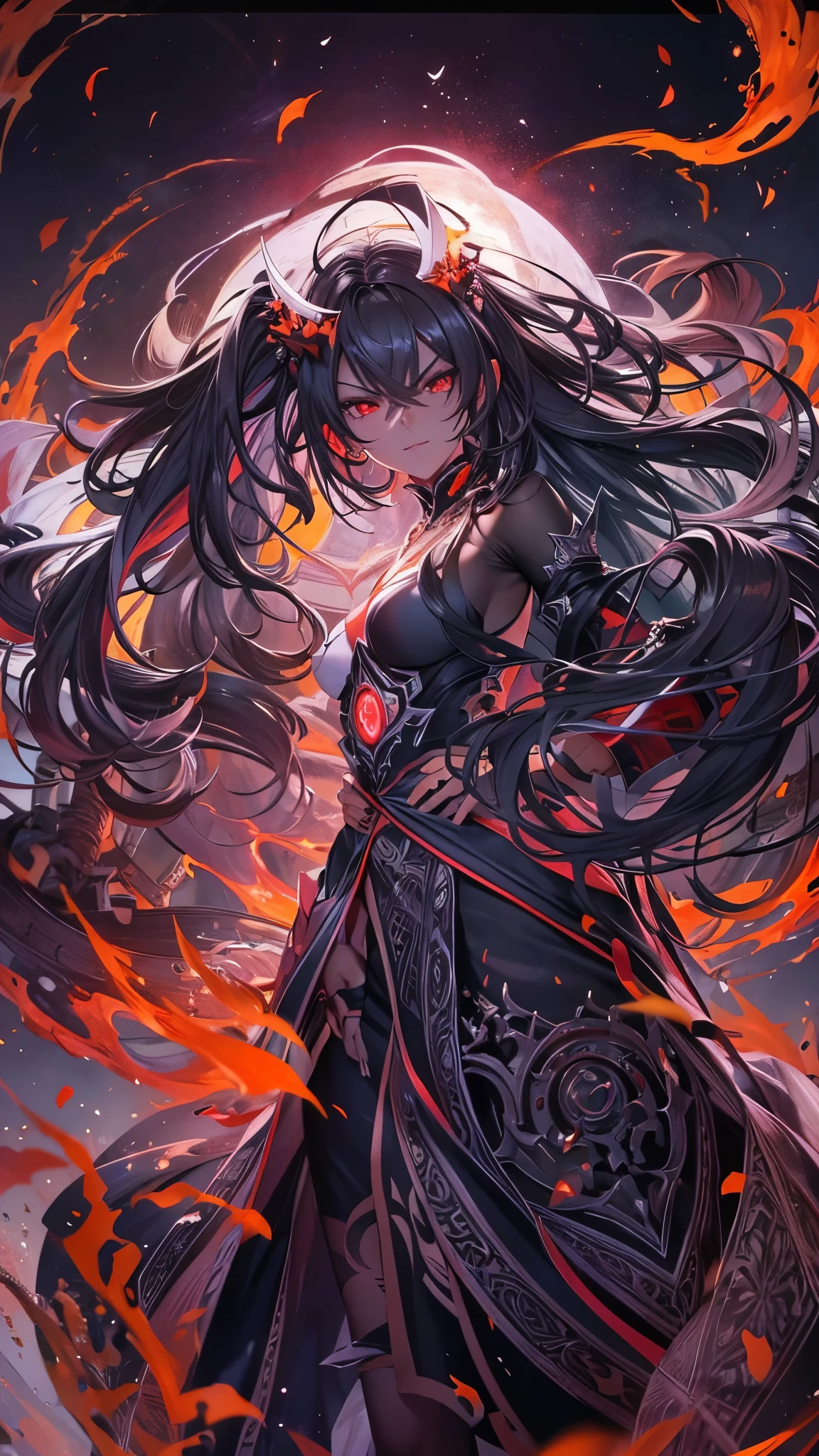 perfect anatomy, masterpiece:1.2, best quality, 8k, beautiful detailed grow, daydreaming expression, in the night, effect is flame, (angry:1.2 face solo curly black long hair girl, 14 yo, evil red eyes, angry smile), in a evil robe, in the Chaotic Space.