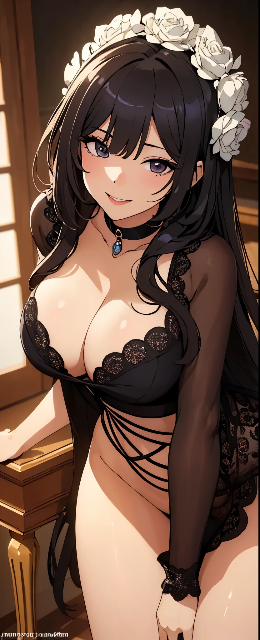 ((best quality)), ((masterpiece)), (detailed), perfect face , masterpiece , shiny skin , sexy dress , high quality , 1girl , big tits , 18-years old , black High thighs , smile , hair adornments , mature girl