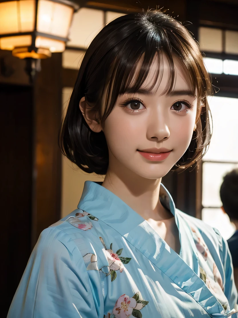 ((masterpiece、highest quality、Super detailed、High resolution、sharp focus、cinematic lighting))、((1 female、bust shot))、face light、Beautiful girl wearing a blue floral kimono、young、pretty girl、famous japanese idol、black hair、bun hair、front、very delicate and beautiful、highly detailed skin、Fair skin、shiny skin、18-year-old、 smile、highly detailed nose、highly detailed mouth、cute face、beautiful scenery、view audience、Japanese village at midday、1 girl