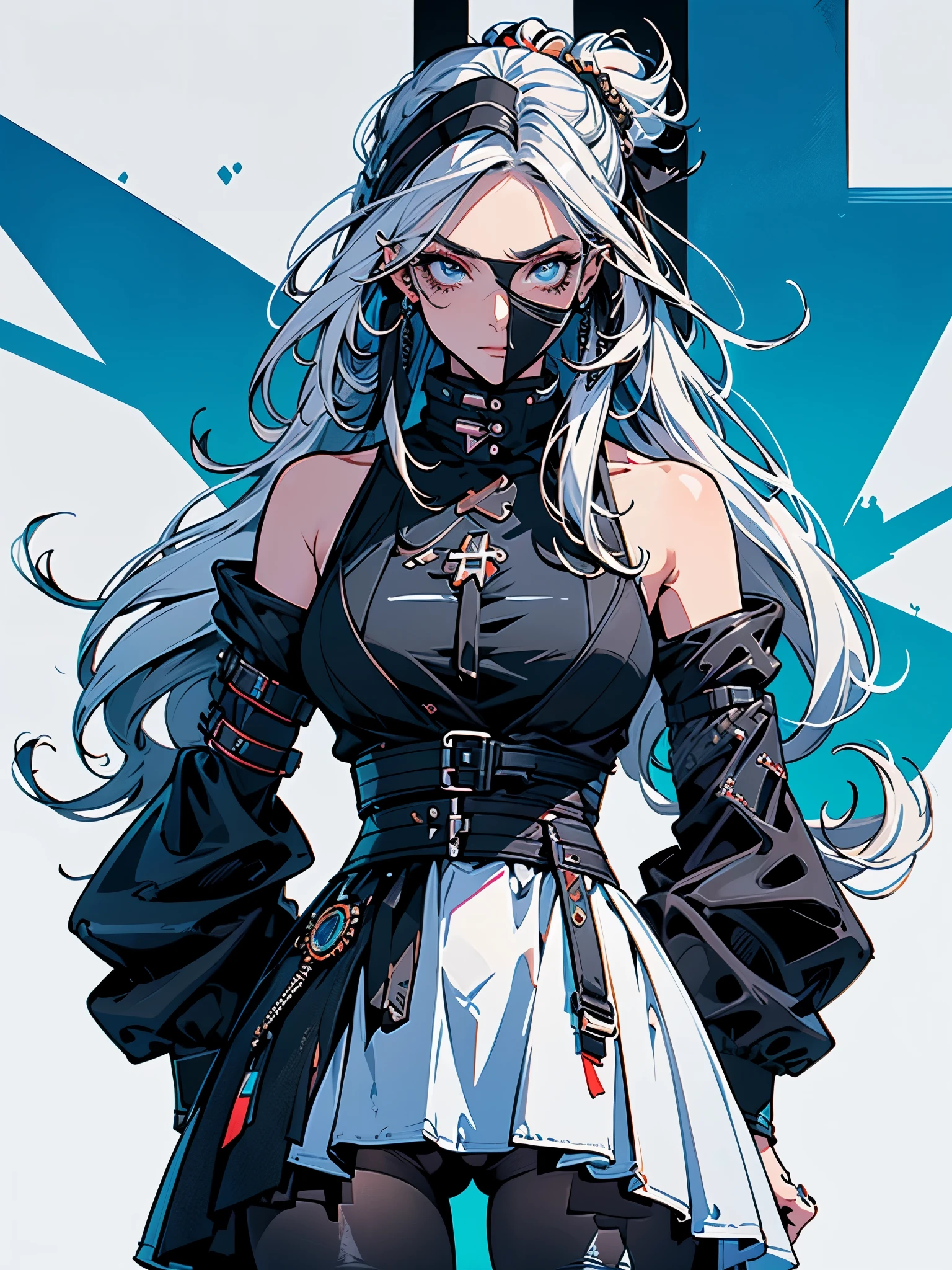 gilr alone, white hair, long hair, cabelos retos, olhos azul escuro, trajada, jaqueta tech, coxas a mostra, decote, seios pequenos, bunda grande, thick muscle coxa, (((garota equipada com mascara ninja e jaqueta croped com decote))), tenis branco cano alto, background with cool colors neon and black, corpo inteiro,