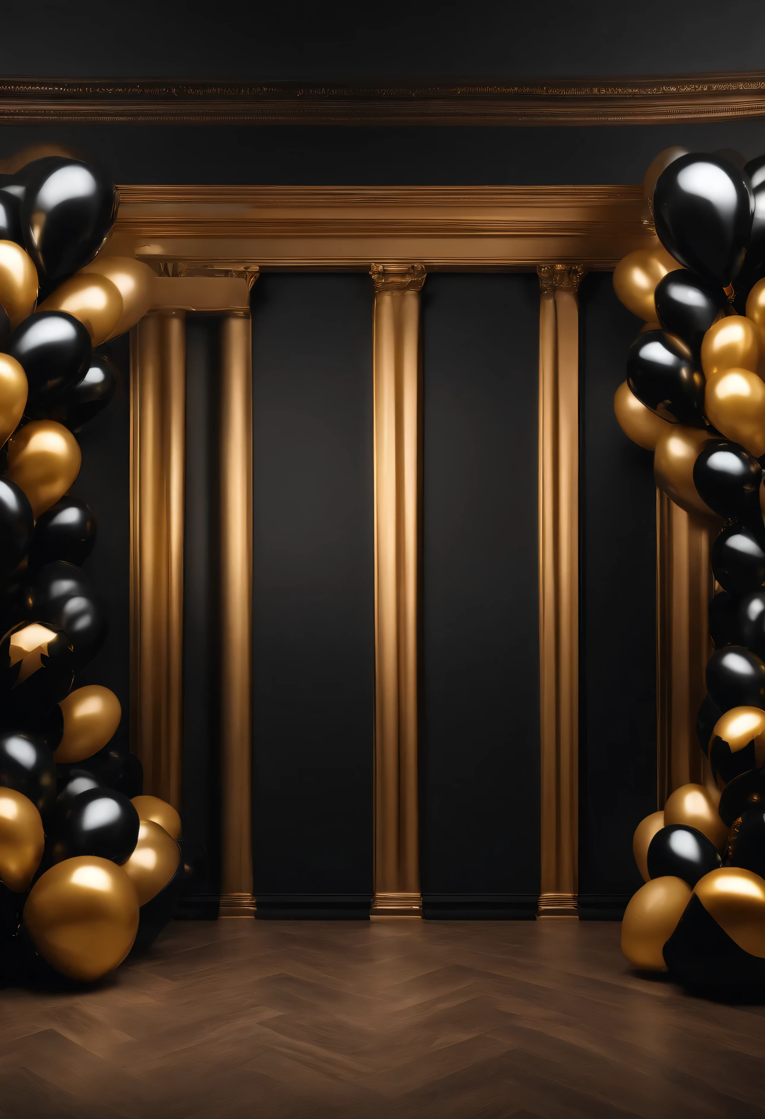 Foto traseira dourada e preta, fotorrealista, High definition, Filmado no iphone 13 Planejamento de eventos,
balloons