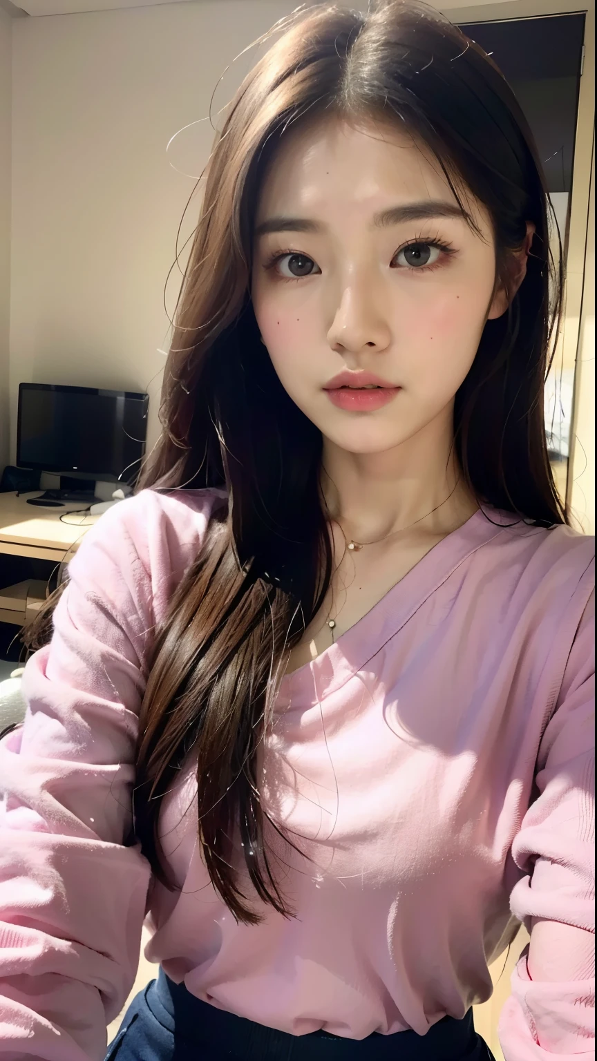 araffed asian woman with a pink shirt and a pink shirt, ulzzang, sakimichan, korean girl, xintong chen, beautiful south korean woman, gorgeous young korean woman, beautiful young korean woman, wan adorable korean face, young cute wan asian face, girl cute-fine-face, Yoshitomo Nara